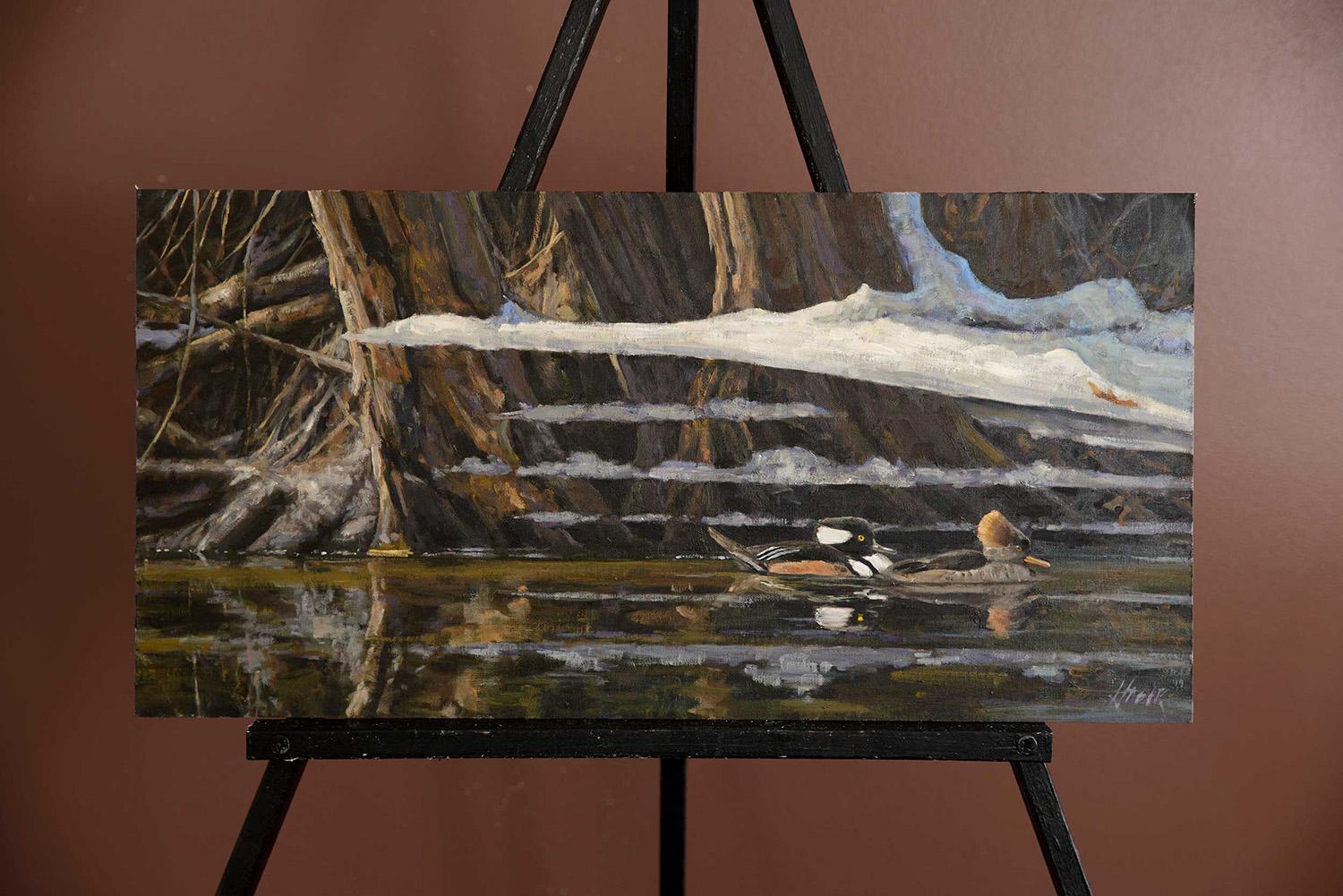 Hooded Mergansers, Oil Painting - Brown Animal Painting by Nathan Hager