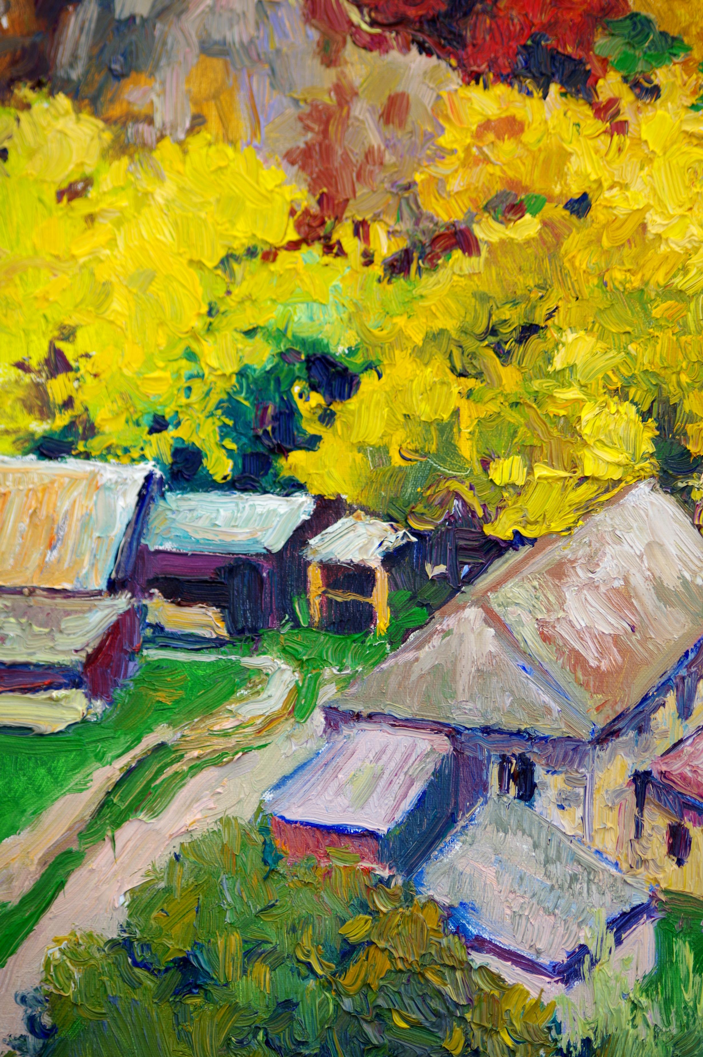 <p>Artist Comments<br />Farmhouses surrounded by an early autumn landscape. Brilliant yellow, red and orange nicely contrast the still green foliage. Unique top down viewpoint and angled composition. Painting abstracts as the scene recedes into the