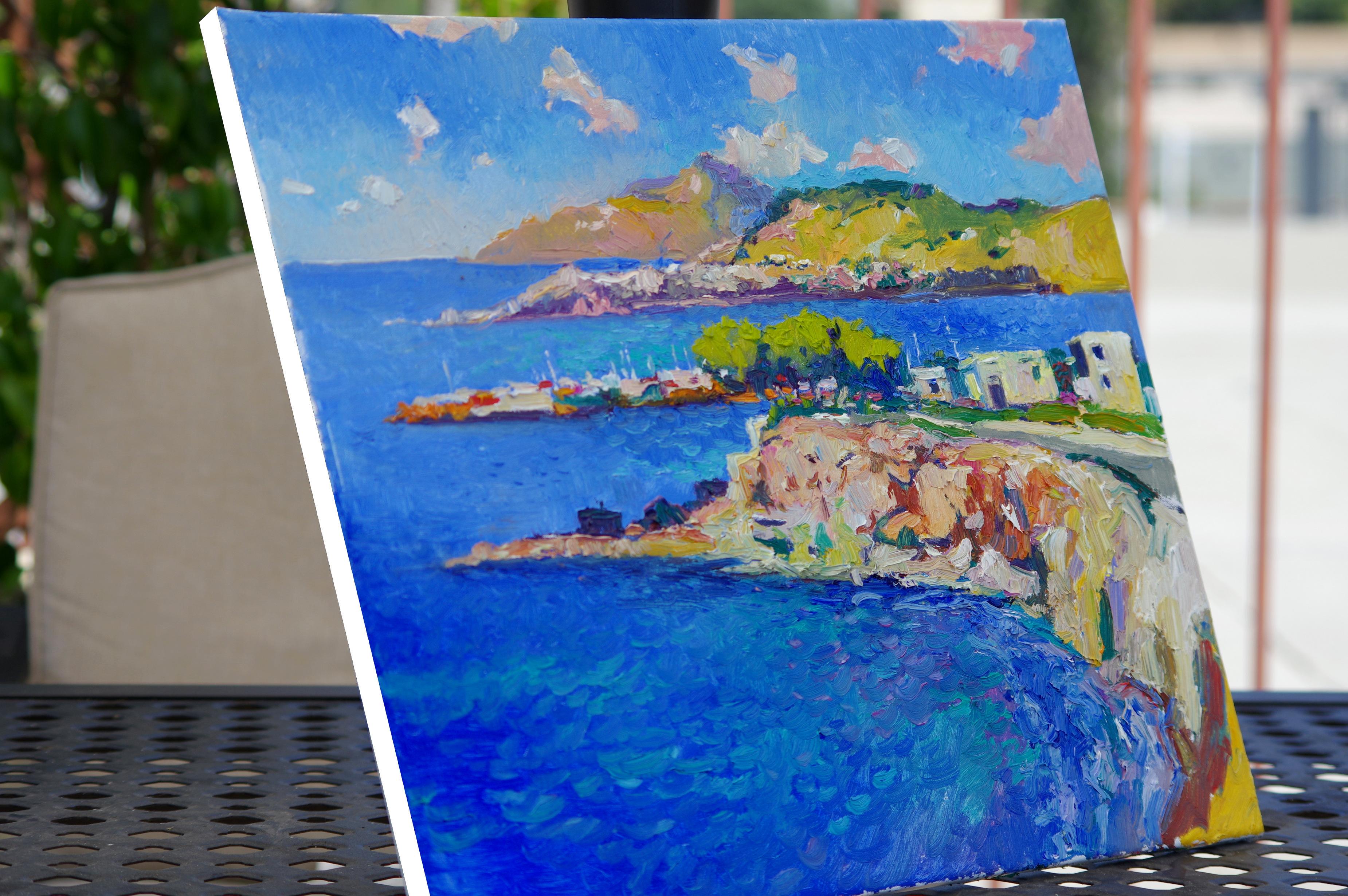 <p>Artist Comments<br /> View from a high lookout point of the Aegean Sea and small island village. The bright blue and turquoise water complemented with greens, purple, red and yellow in the landscape. Painterly impressionist brushwork.  Suren