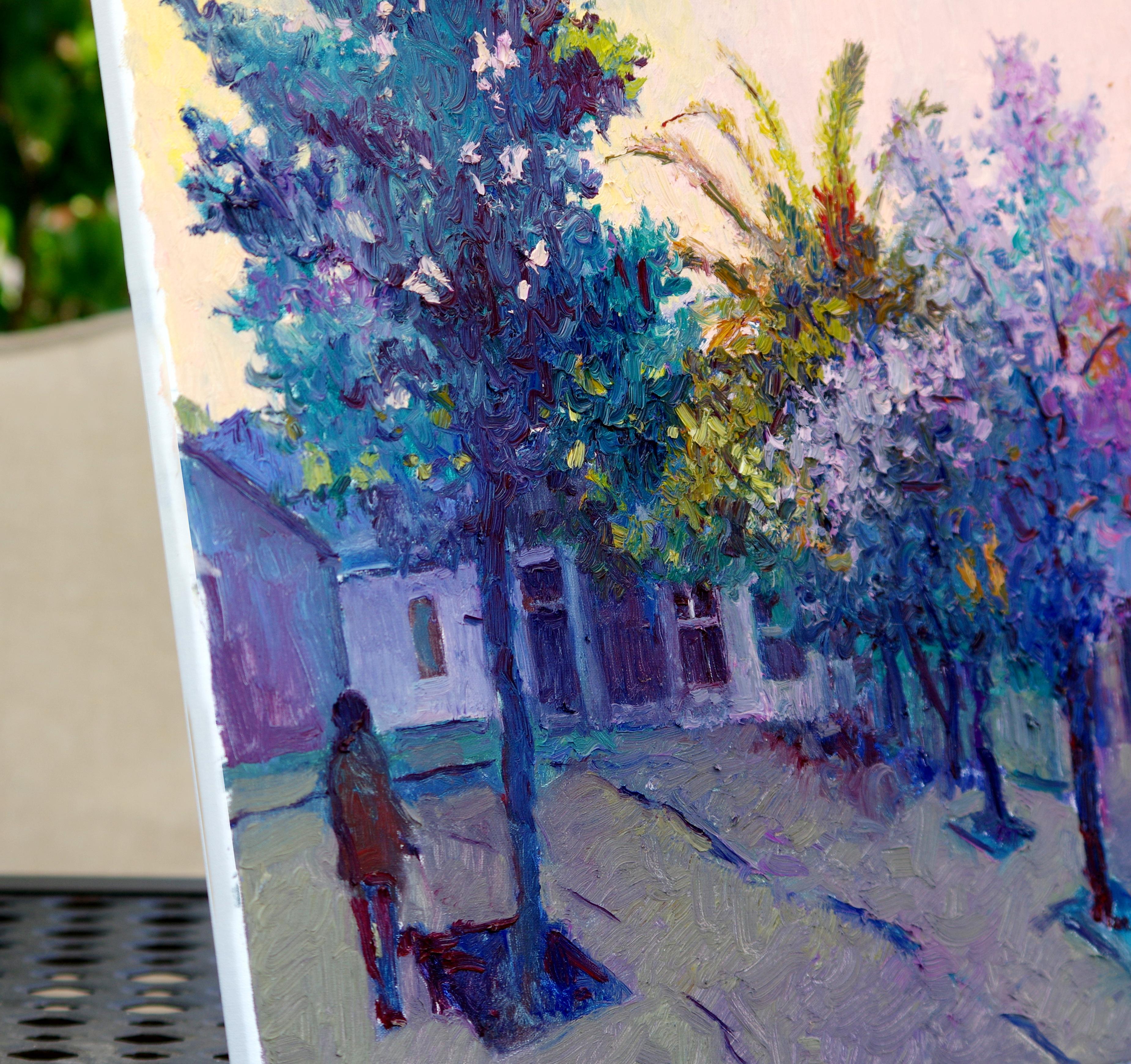<p>Artist Comments<br /> The last moments of daylight in a residential neighborhood. Woman walking her dog. Cool blues and purple in the landscape rest on a muted peach sky. Expressionist brushwork express the fleetingness of the scene.  This