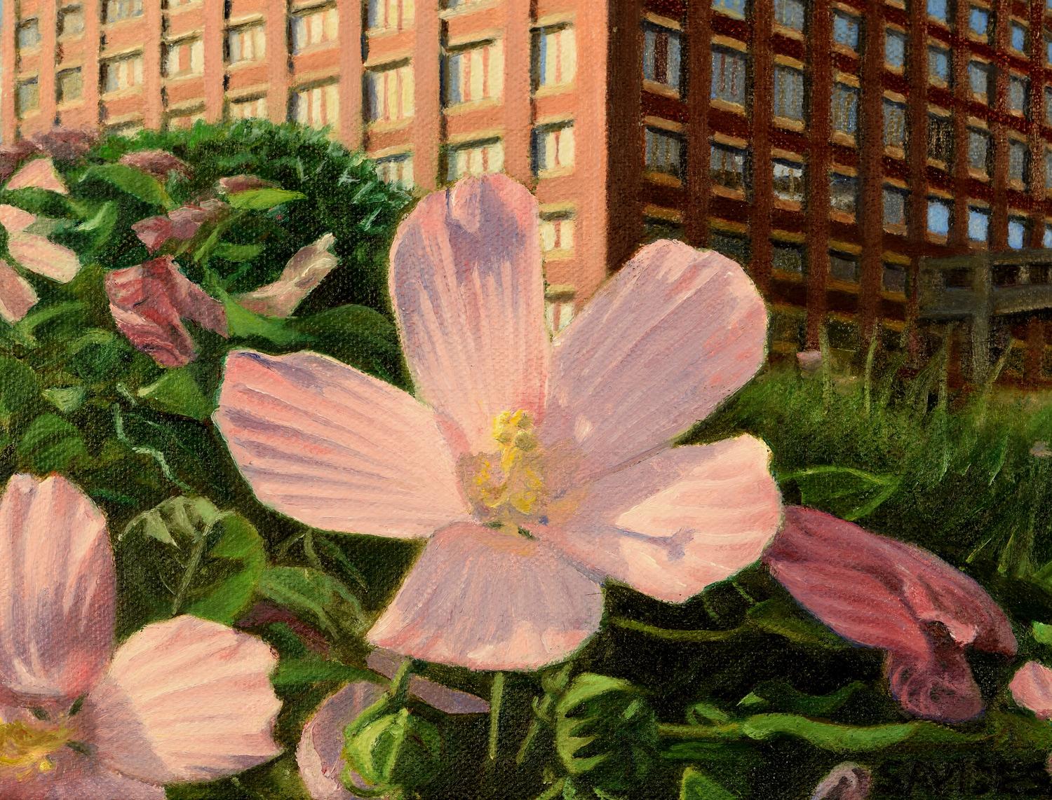 High Line View with Swamp Rose Mallow, Oil Painting - Gray Interior Painting by Nick Savides