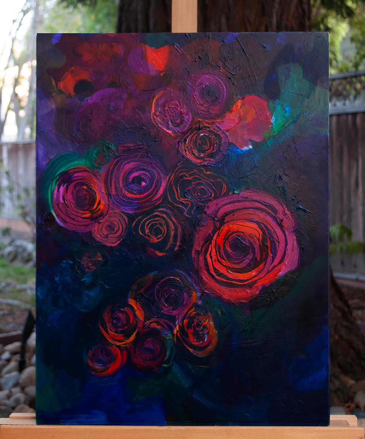 <p>Artist Comments<br />Swirling, abstracted roses emerge from a deeply layered background. Bright red and pink blossoms on highly saturated blues, greens and purples. 