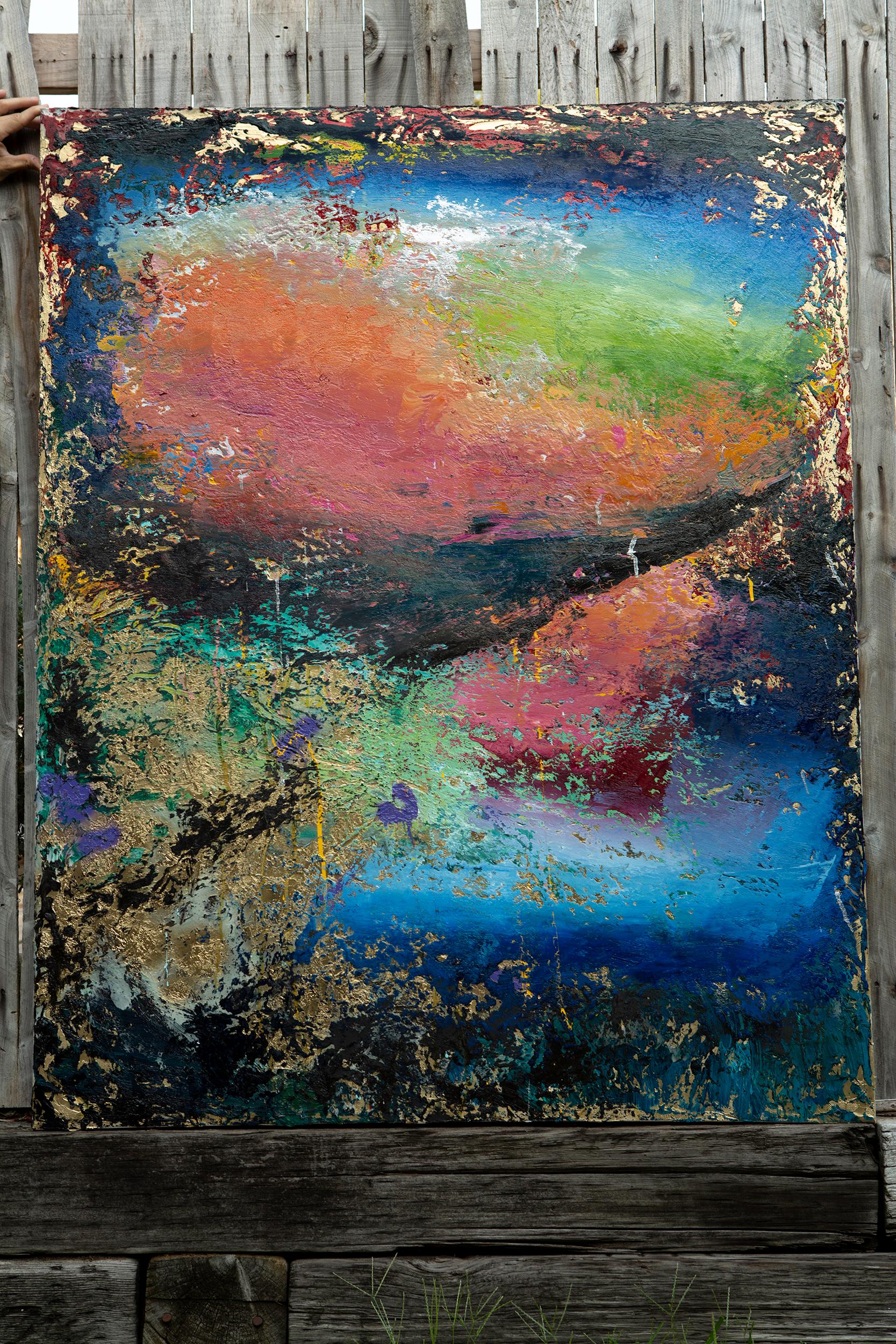 <p>Artist Comments<br />Heavily textured contemporary abstract painting. Bright pink, orange and gold leaf swirl with blues, greens and purple. Reminiscent of an aerial view of expressionist clouds and the land below. Scott Dykema describes the