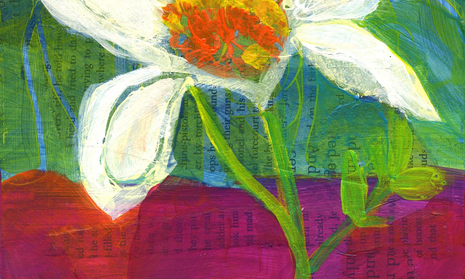 <p>Artist Comments<br />Small-scale floral portrait with nice presence. The flower's white petals flow across the composition. The deep green and blue backdrop draw the eye and build depth in the scene. Collaged book pages add interest. Part of a