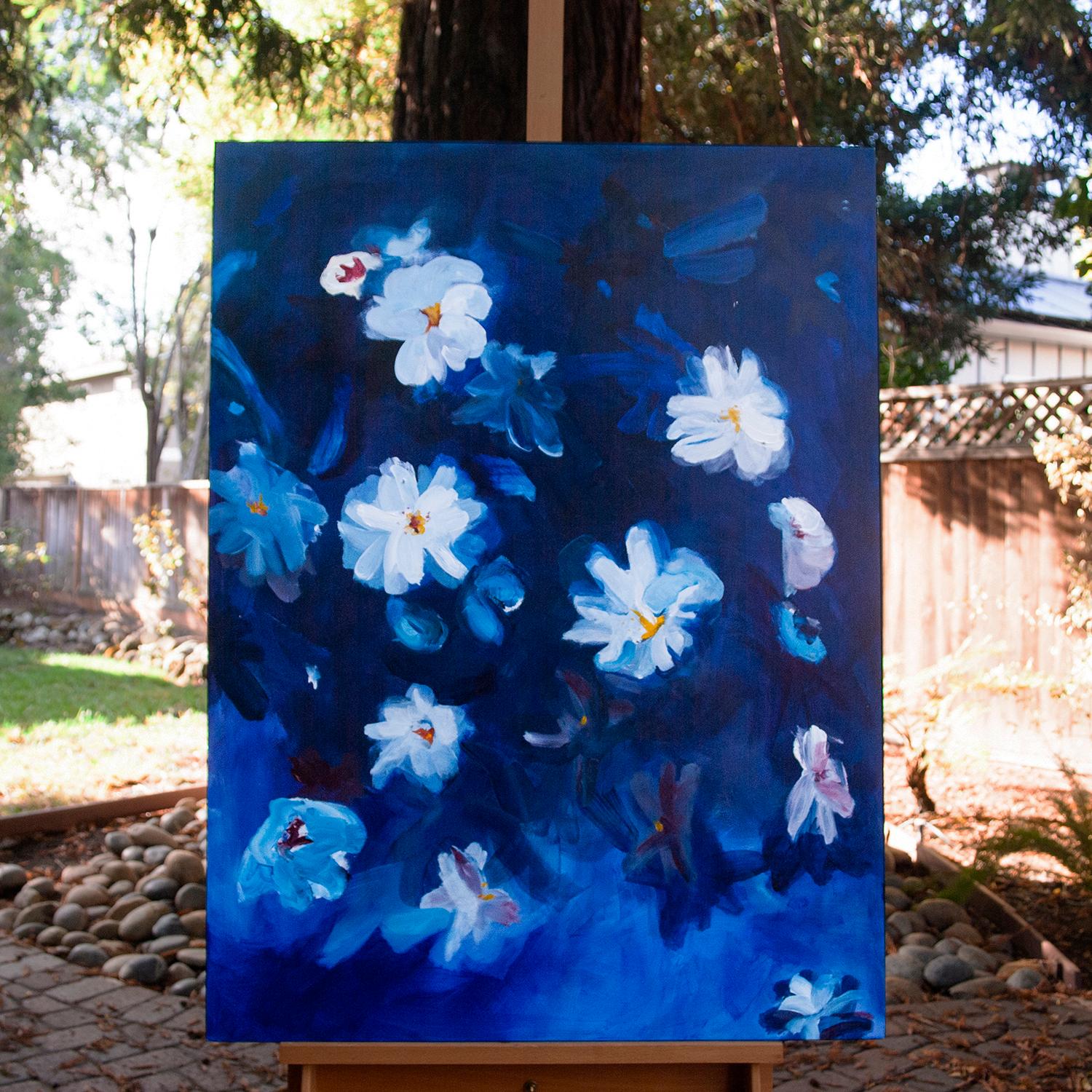 <p>Artist Comments<br>White flowers spring forth from a dense blue bush. Small pops of yellow, pink and crimson give the blossoms dimension and character. The blue backdrop is a result of many layers and shades of blue. Ruth-Anne says she drew