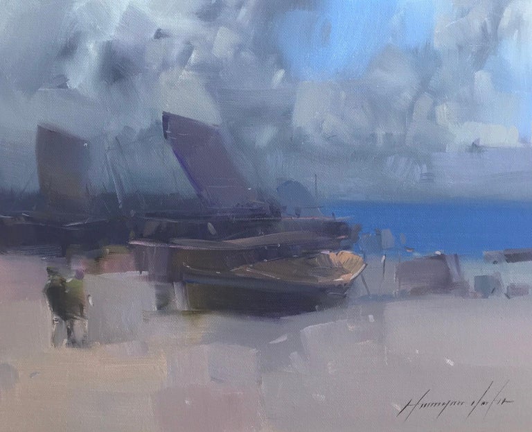 Cloudy Beach, Oil Painting - Abstract Impressionist Art by Vahe Yeremyan