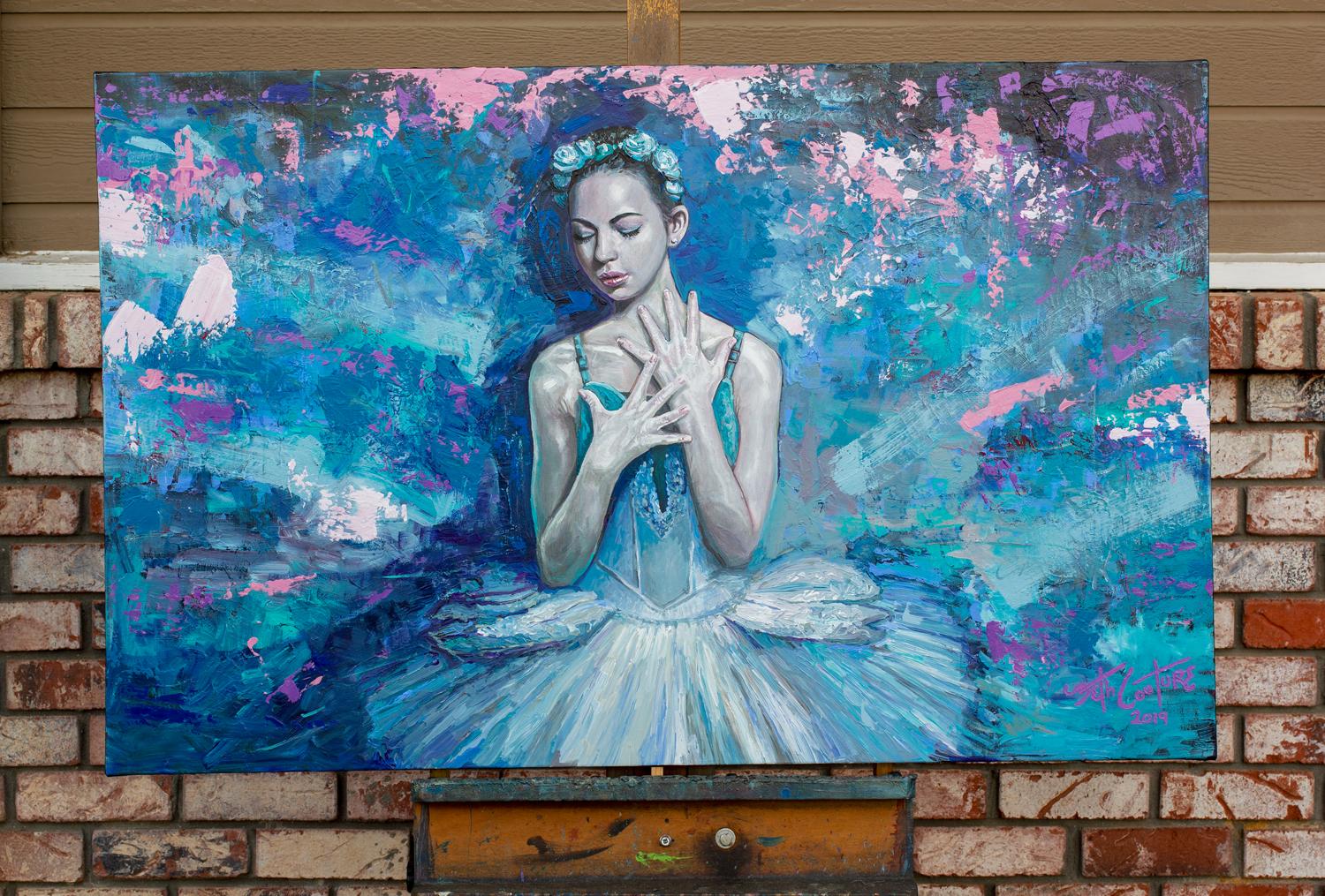 <p>Artist Comments<br>A ballet dancer wearing an antique tutu unfolds her hands to her heart with emotion. Her face calm, deep in thought. Lively brushwork of pink and peach dissolve into blue and turquoise, and frame the delicate porcelain