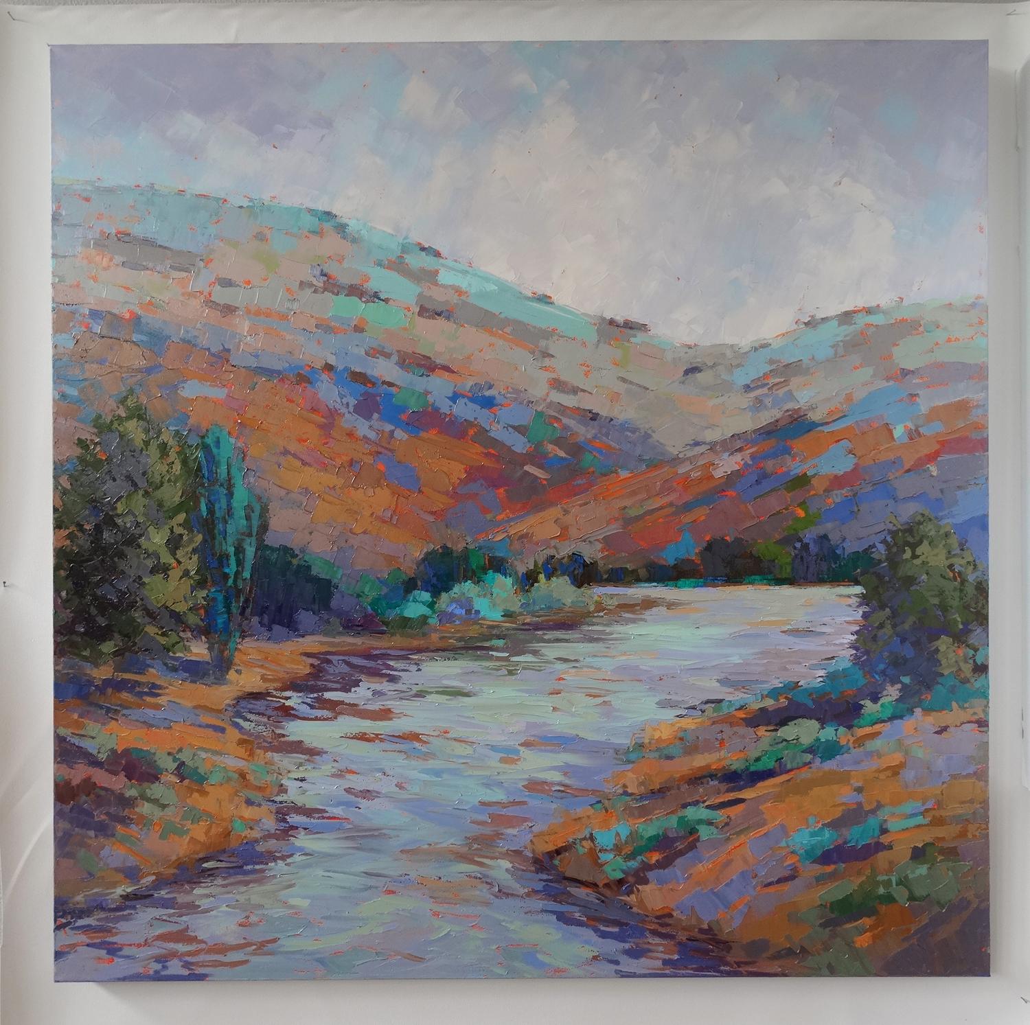 Snake River Byways, Oil Painting - Gray Landscape Painting by Tricia May