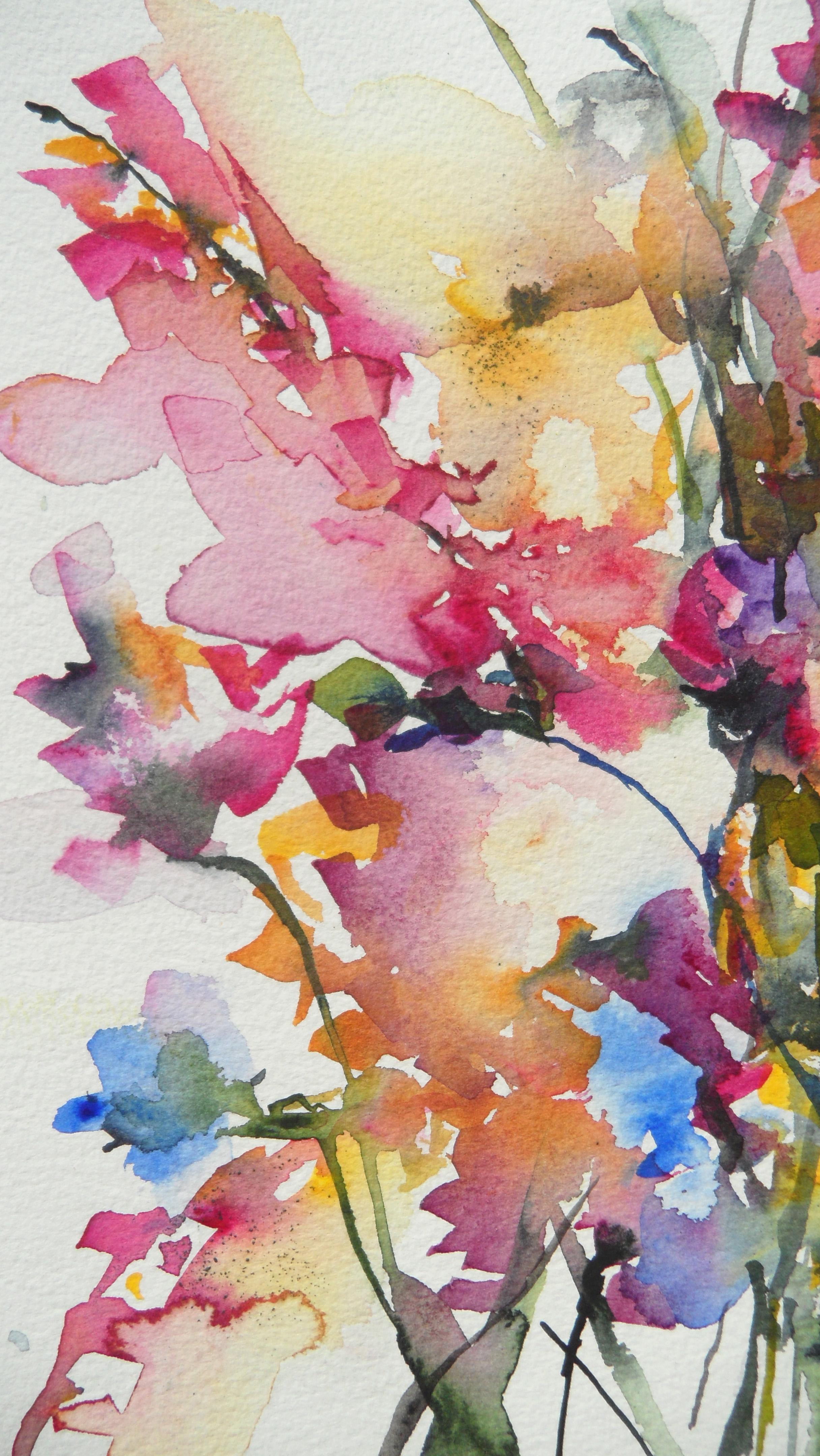 <p>Artist Comments<br />An interpretation of an autumnal bouquet of flowers, done in a loose watercolor style with warm, rich hues. Orange and yellow set off with pink, purple and green, perfectly balanced on a white ground.</p><br /><p>About the