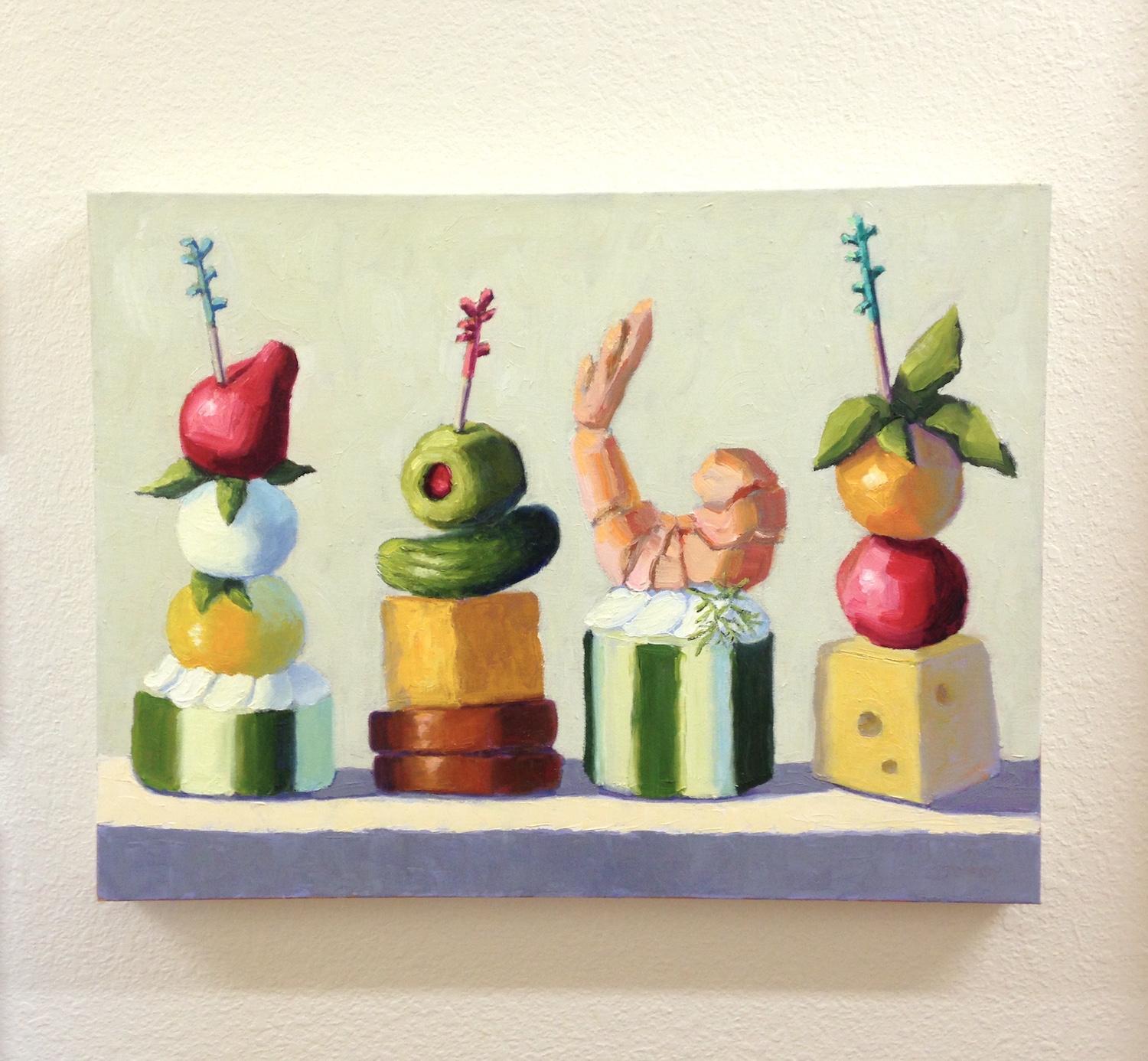 Four Appetizers, Oil Painting - Beige Still-Life Painting by Pat Doherty