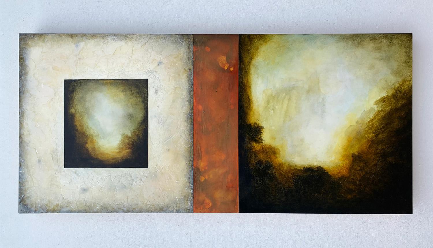 <p>Artist Comments<br />A sophisticated, dreamlike view of two distant landscapes, framed and bordered in abstraction. Candice says she developed a unique acrylic/encaustic technique for this work, as seen in the white area. The red area also