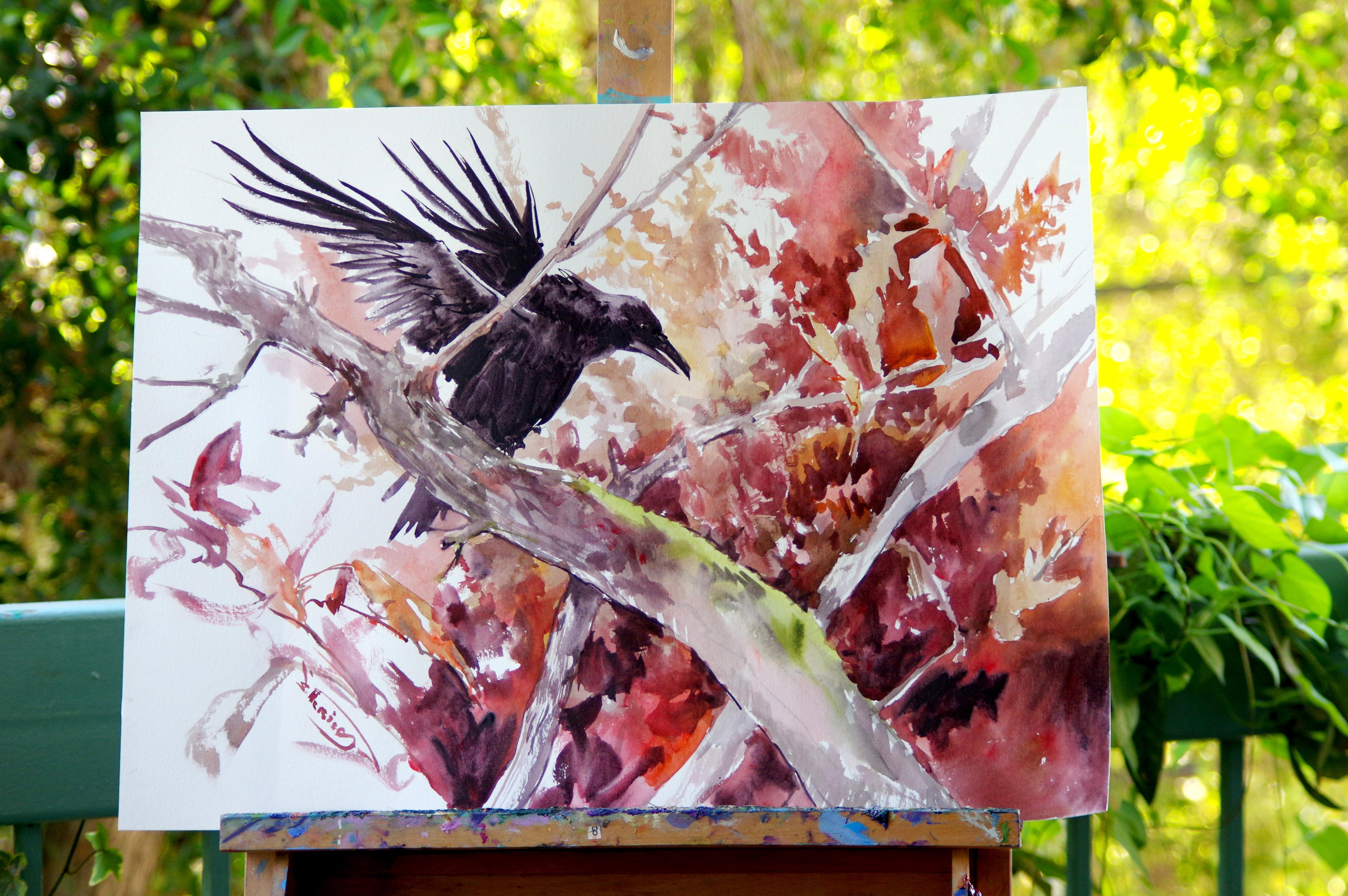 Flying Raven and the Fall, Original Painting - Art by Suren Nersisyan