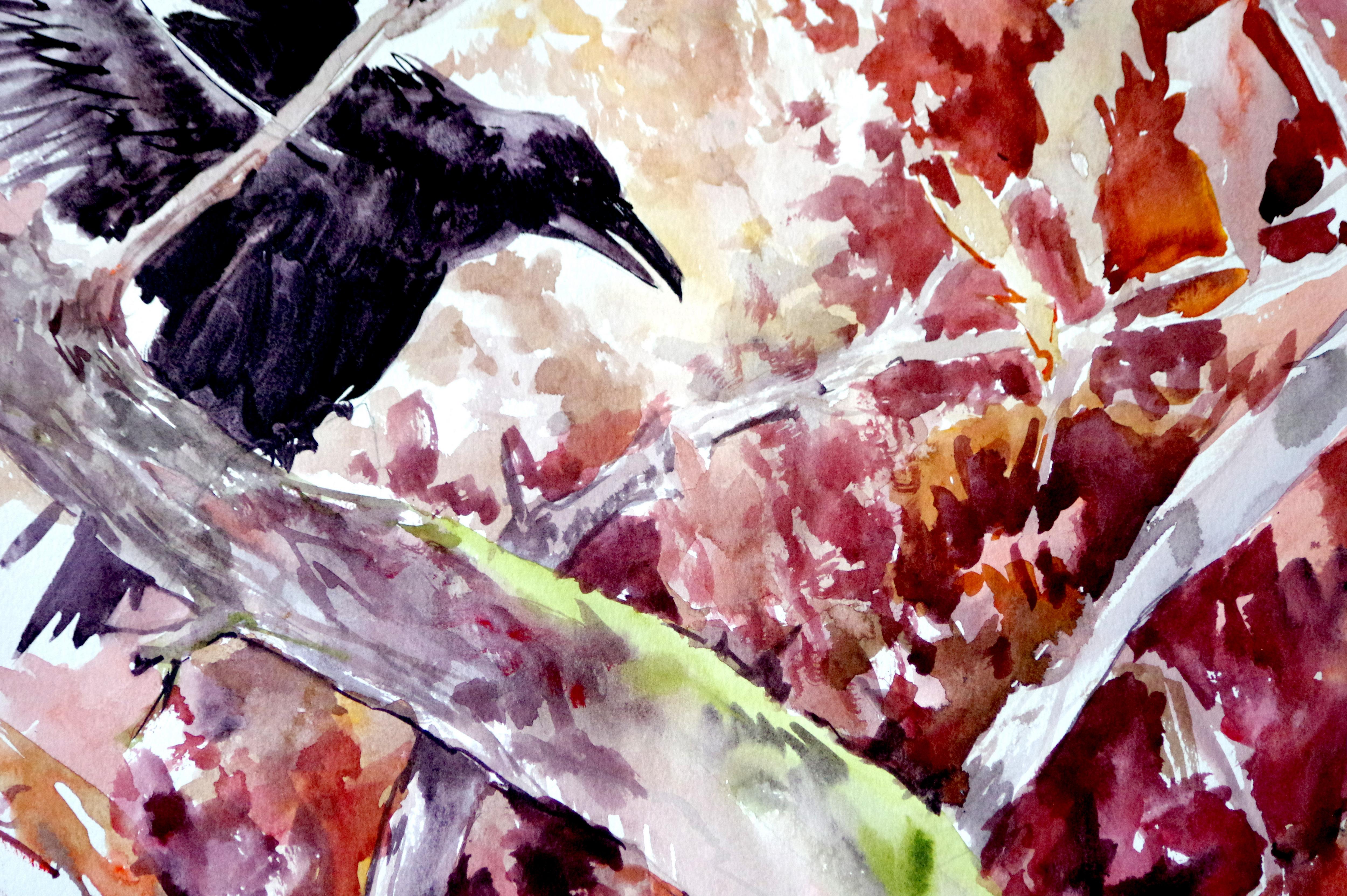 Flying Raven and the Fall, Original Painting - Contemporary Art by Suren Nersisyan