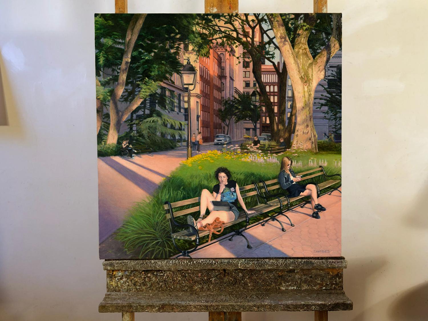 <p>Artist Comments<br />Washington Square Park on a summer evening. Several pairs of figures sit, absorbed in their phones, books and computers. Warm, pinkish orange light illuminates the scene and casts purple shadows across the landscape and