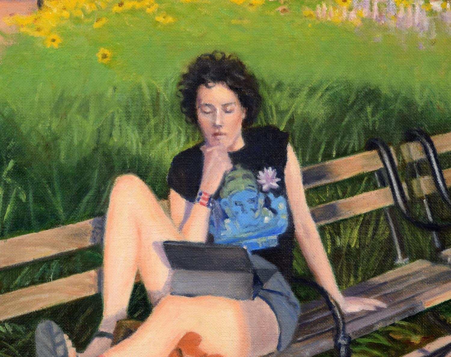 Washington Square Park - Atardecer de verano, Pintura al óleo - Landscape Painting Negro de Nick Savides