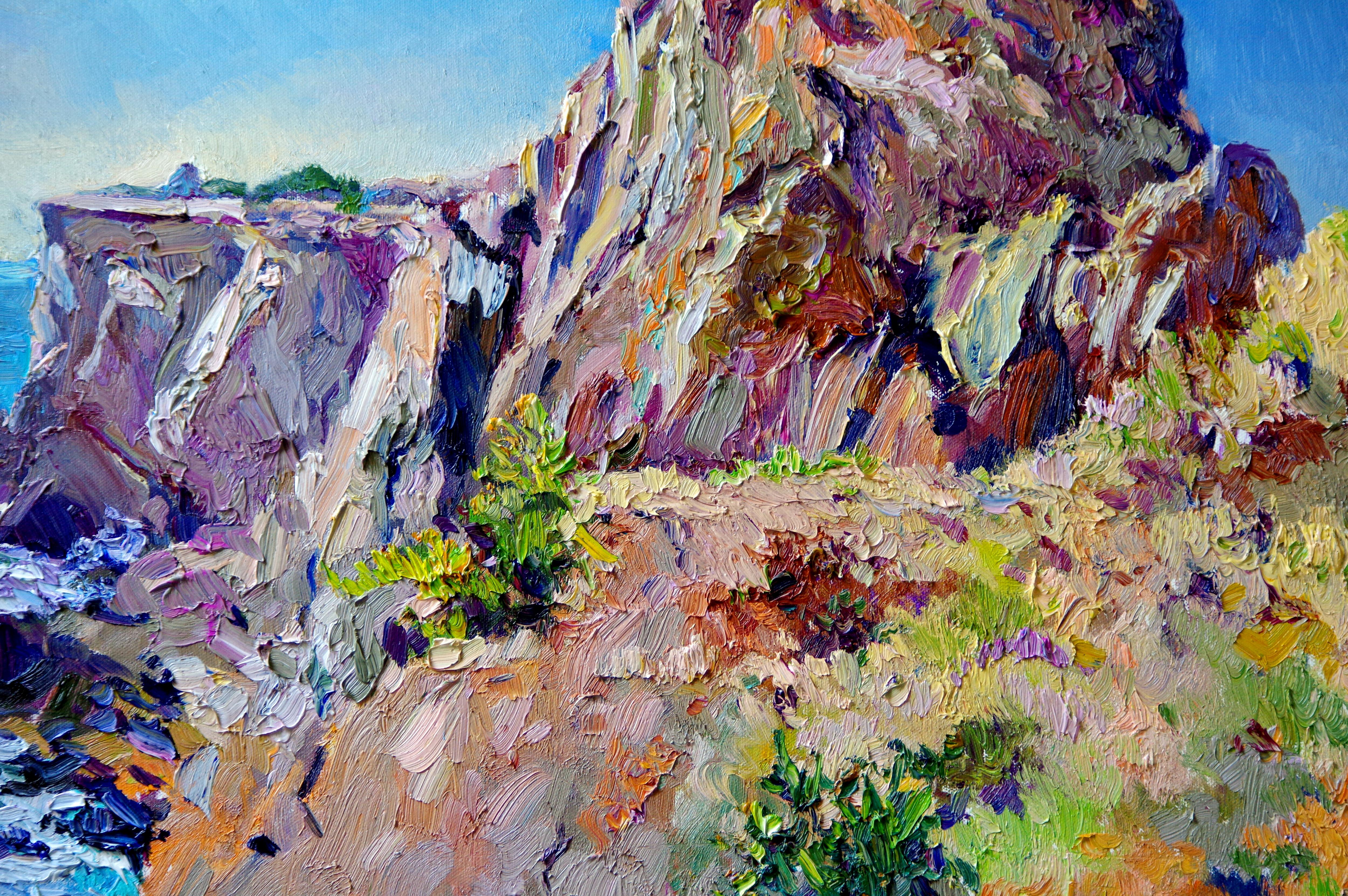 <p>Artist Comments<br />Bight, midday light on a giant outcropping in Malibu, California. Strong shades of purple, orange and green mix together in the rock and stand against the delicate blue sky. Thick textured adds weight and presence to the