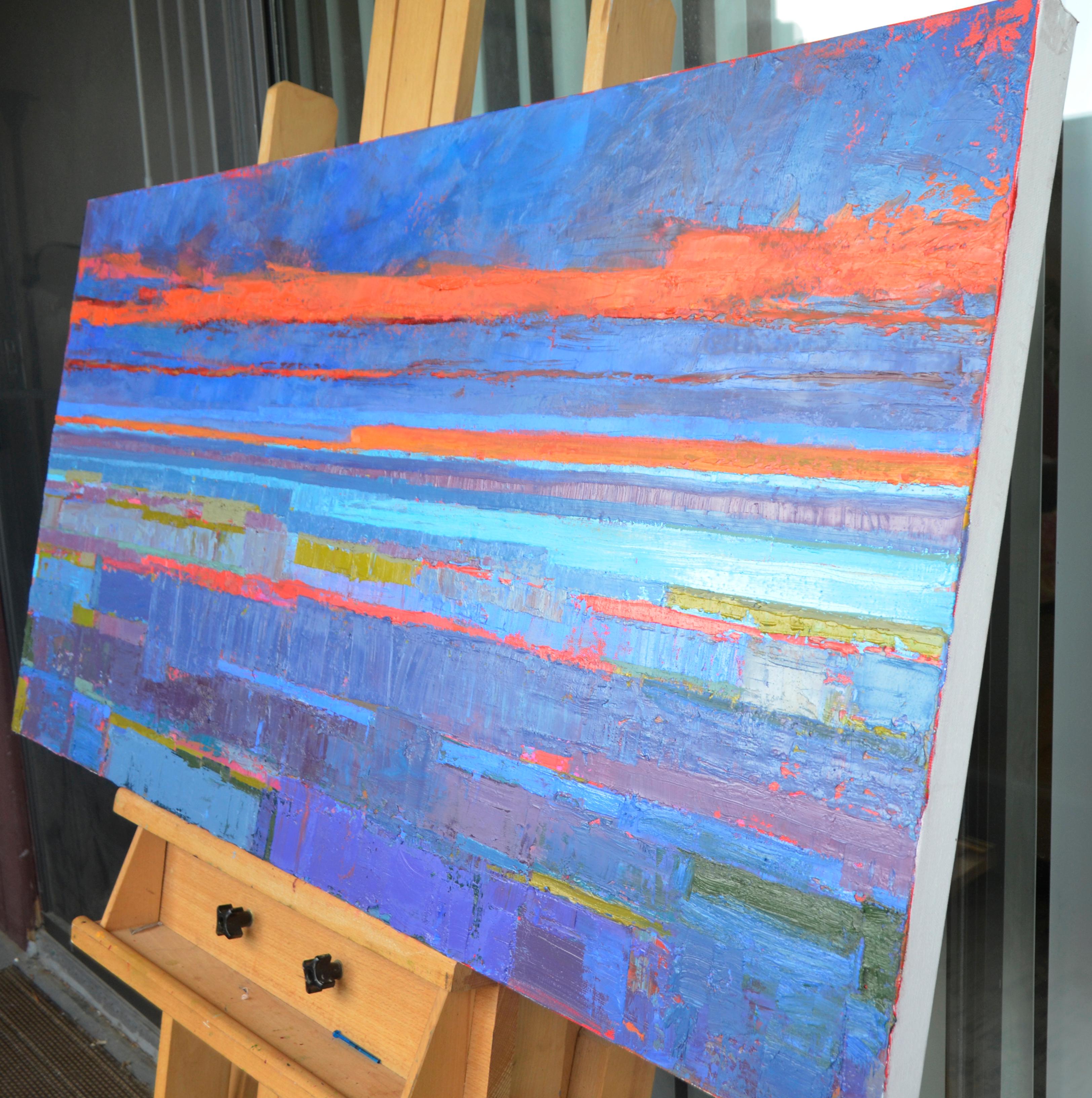 <p>Artist Comments<br />Abstracted landscape just after sunset marked by brilliant orange and red clouds in the dark blue background. Layers of blues, purples, greens and orange in horizontal stripes and blocks. Fields in the foreground and a body