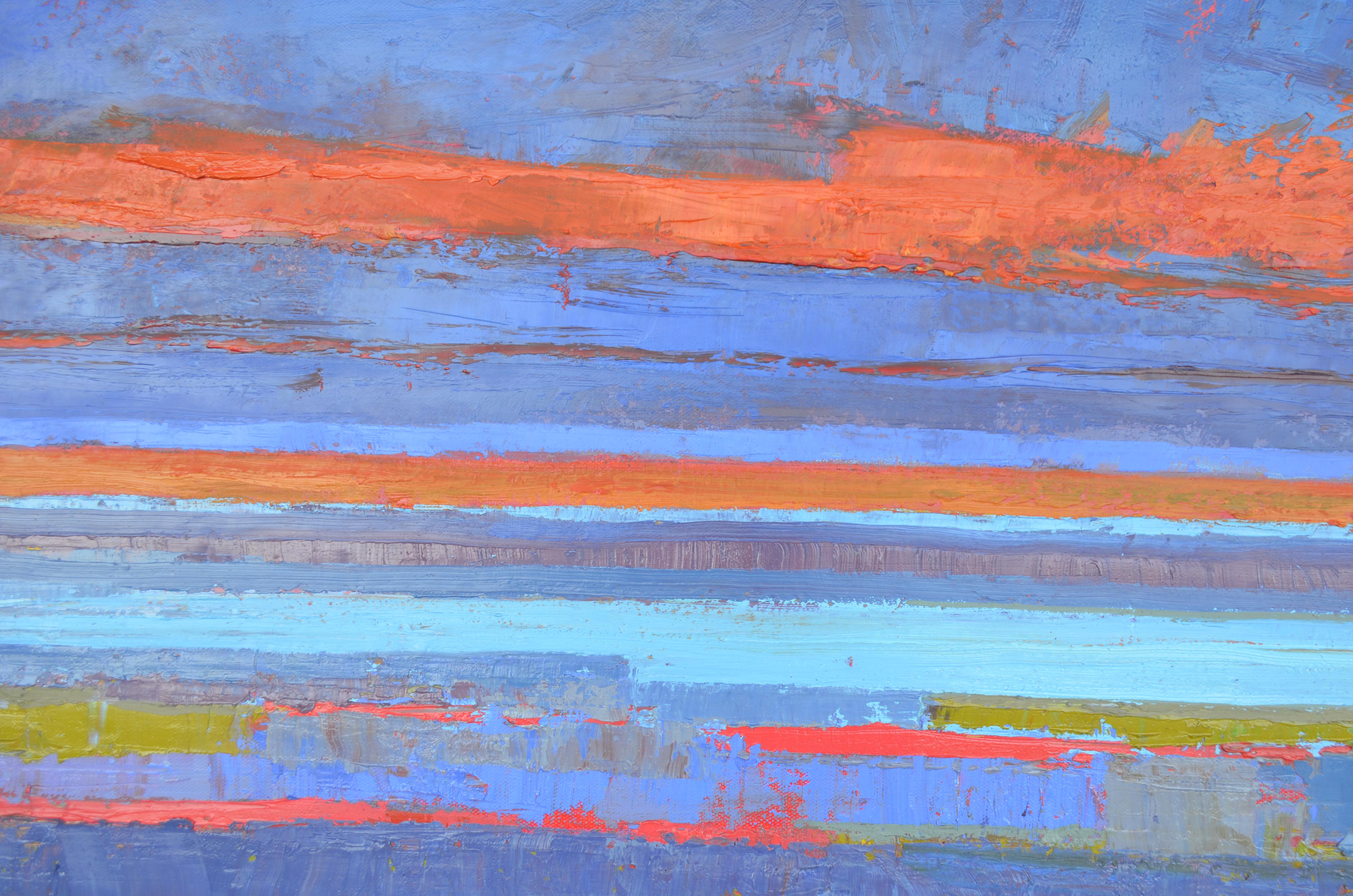 Peinture à l'huile abstraite, lac et l'horizon bleu glace - Bleu Abstract Painting par Srinivas Kathoju