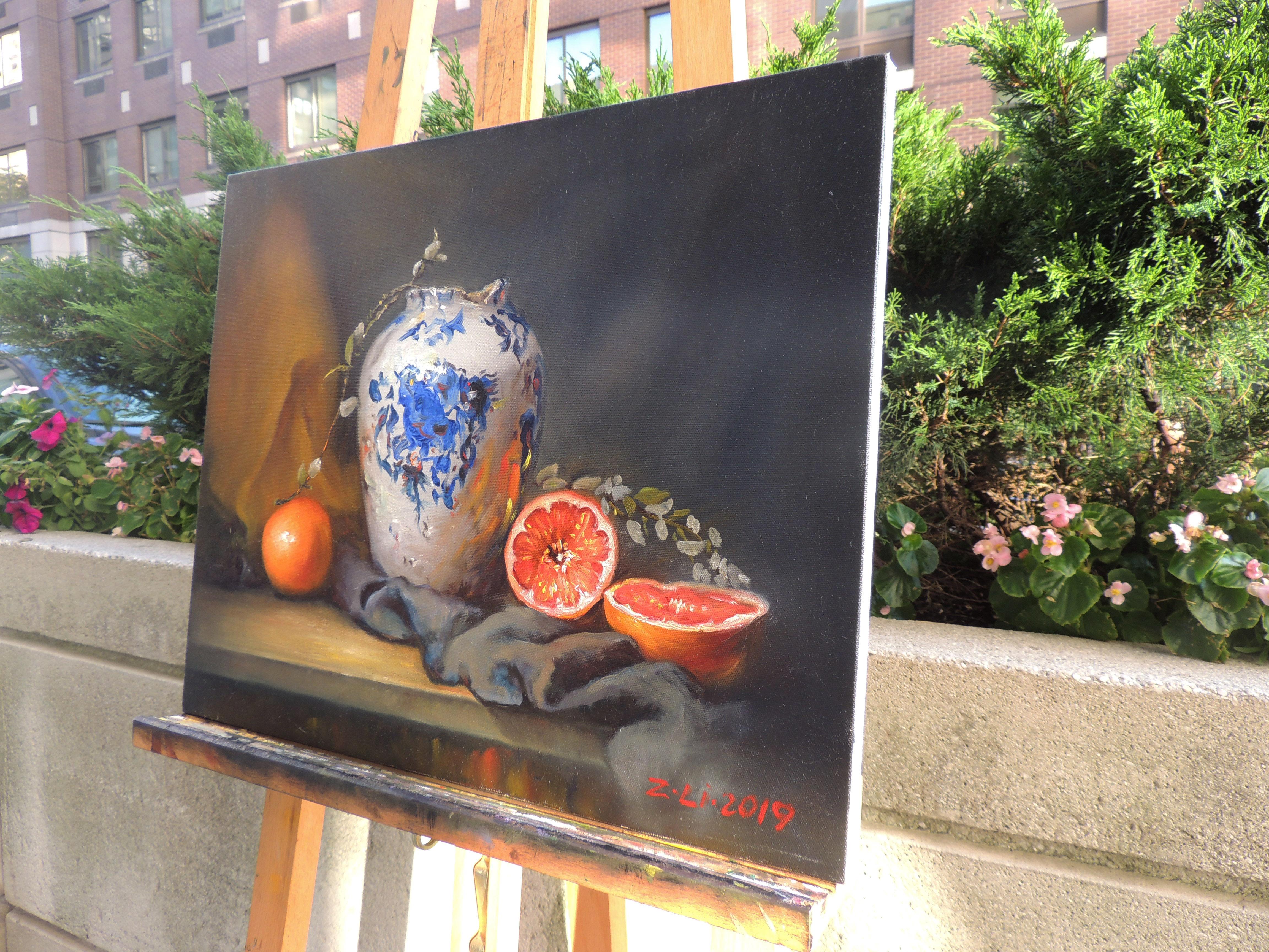 Blue and White Vase with Grapefruit, Oil Painting - Contemporary Art by Zhi Li