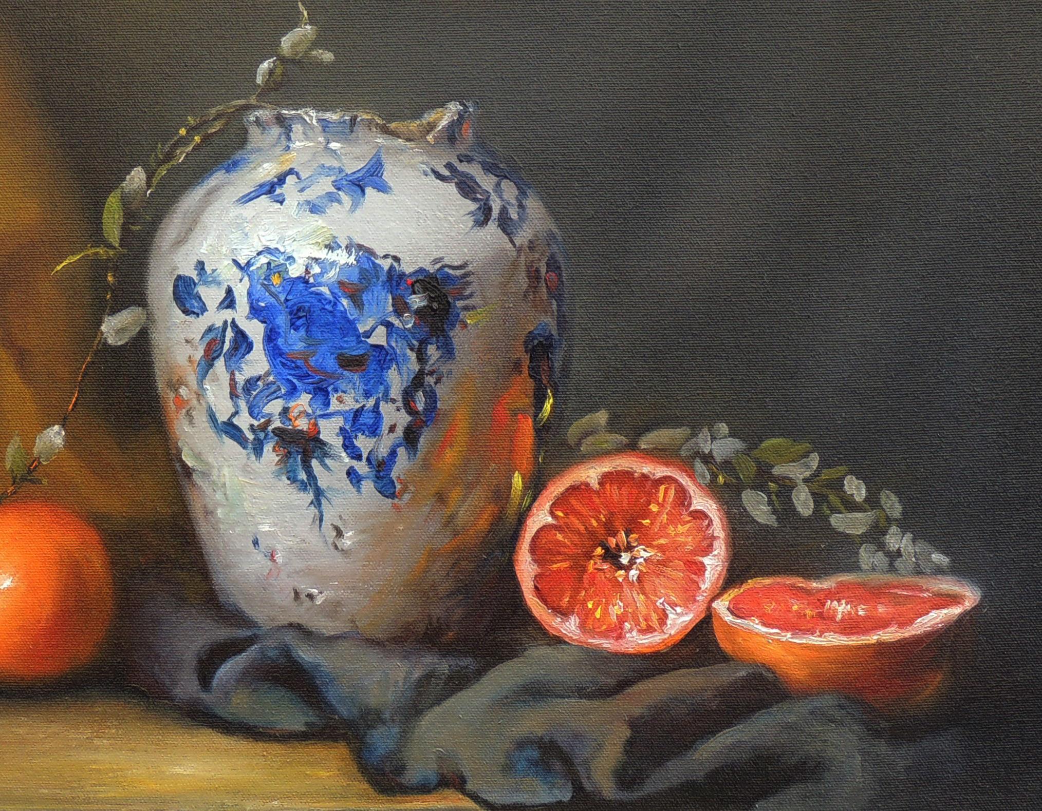 Blue and White Vase with Grapefruit, Oil Painting 1