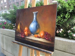 Vase bleu avec fruits, peinture à l'huile