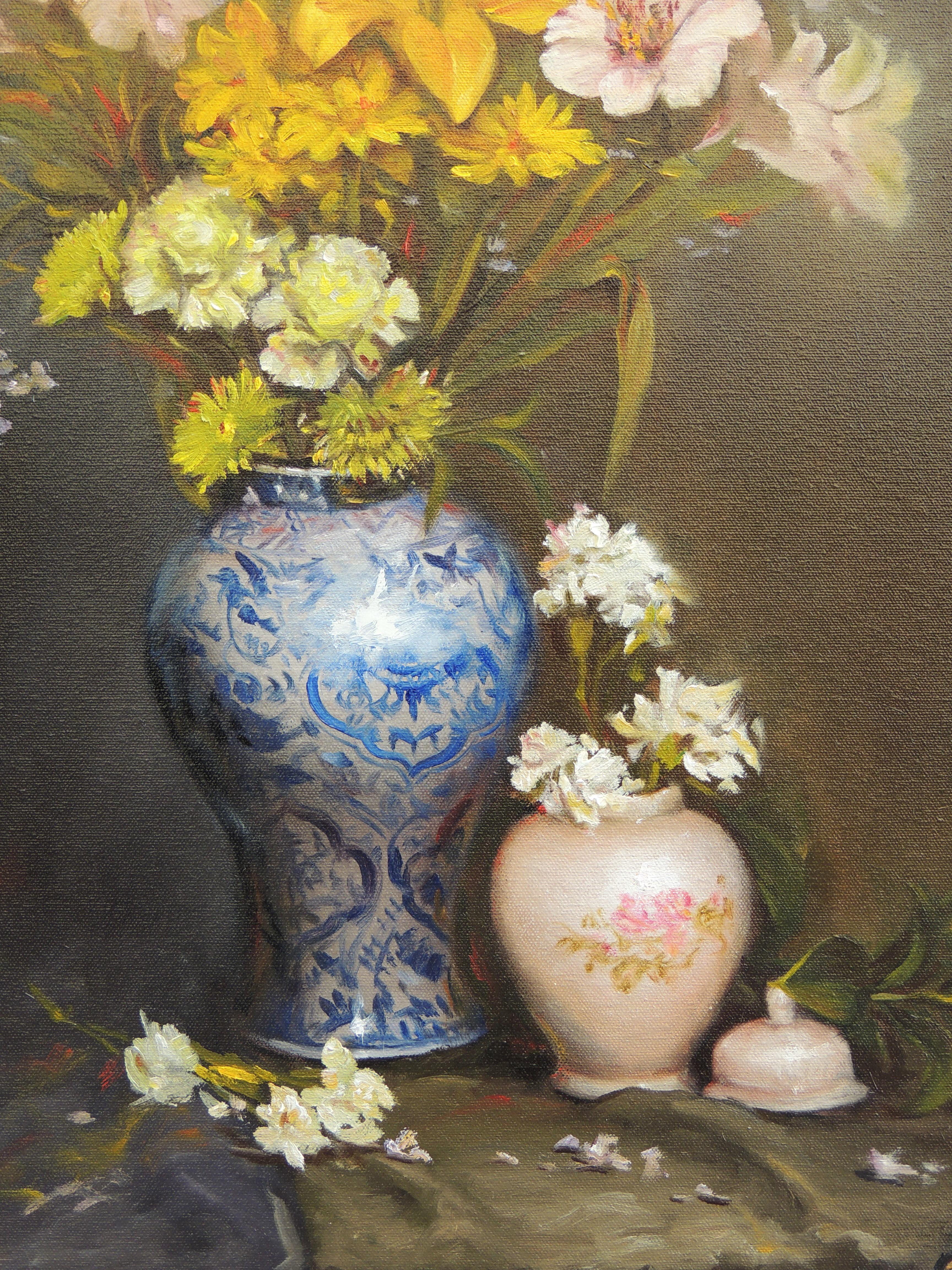 Flowers in a Blue Vase, Oil Painting - Contemporary Art by Zhi Li