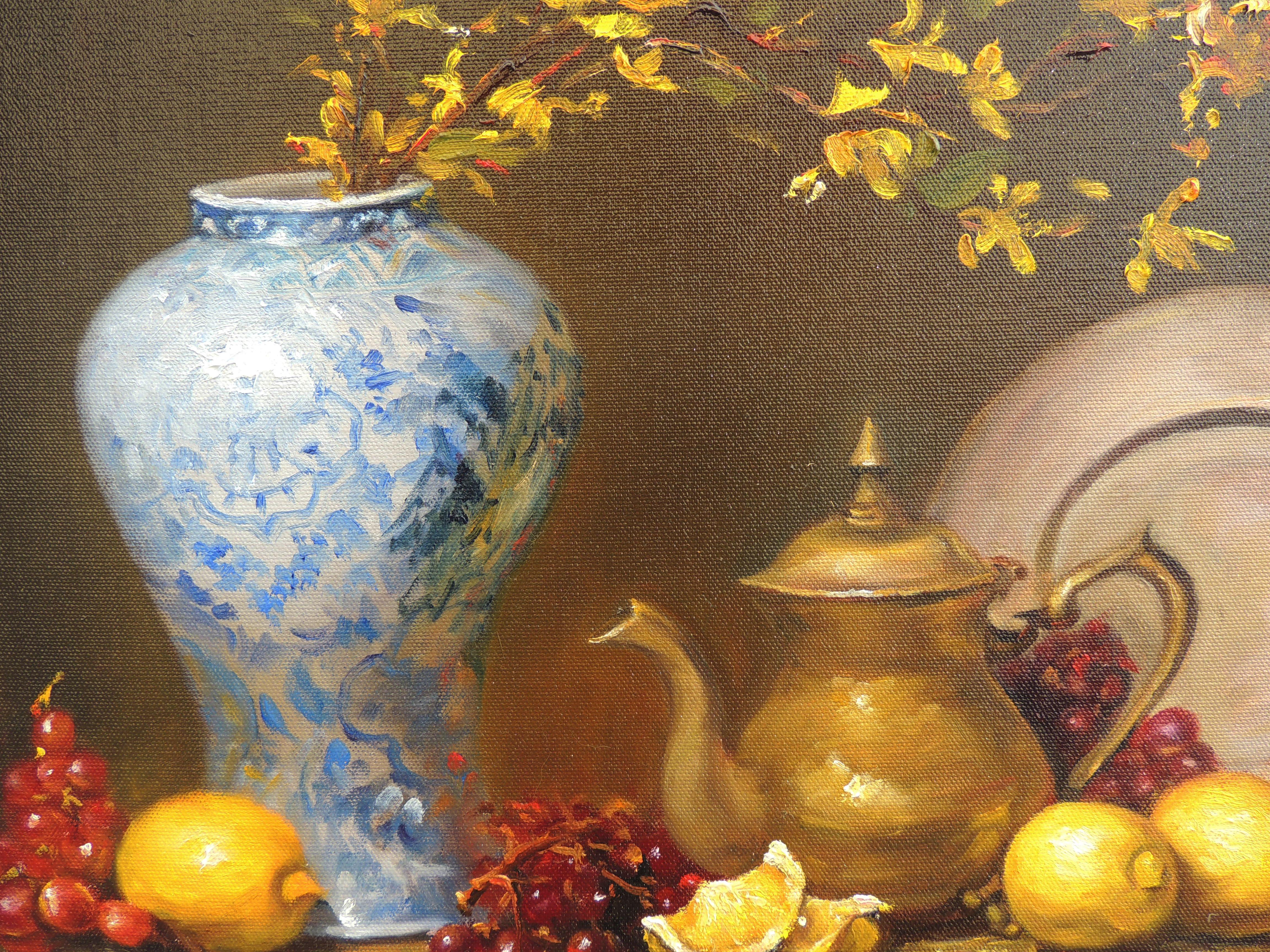 Copper Pitcher with Forsythia, Oil Painting - Contemporary Art by Zhi Li