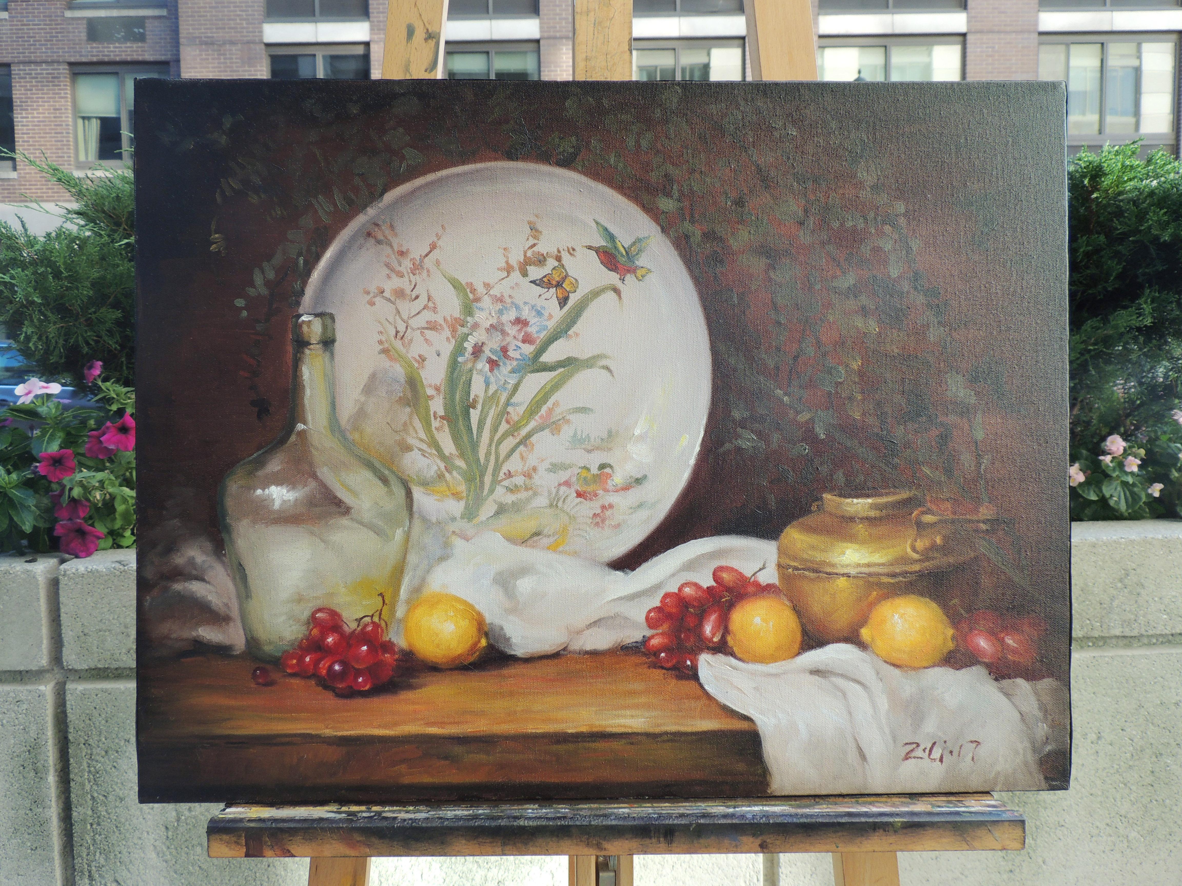 Chinese Painted Plate and Brass Pot, Oil Painting - Contemporary Art by Zhi Li