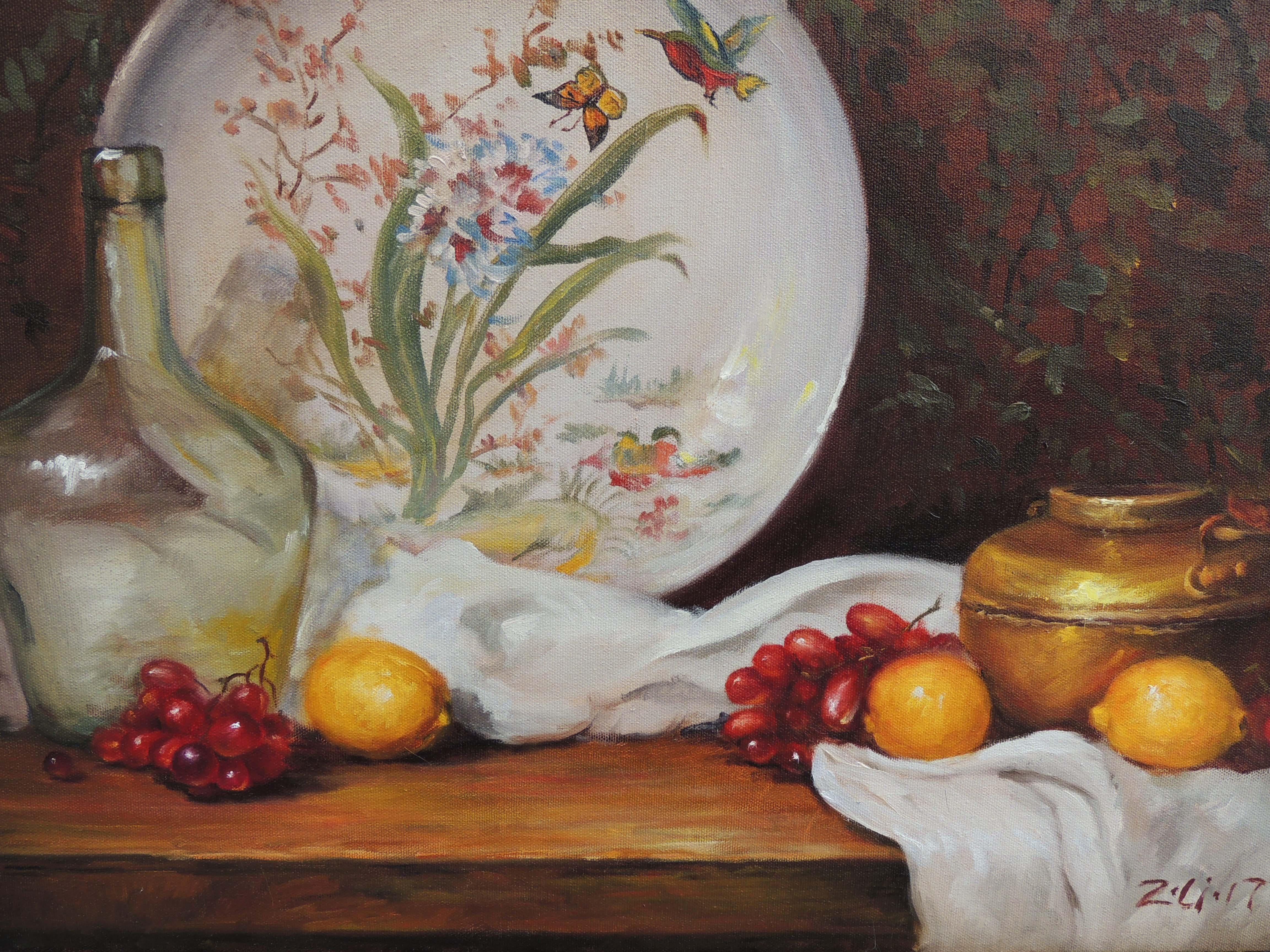 <p>Artist Comments<br />Classically rendered still life of fruit, Chinese painted plate, vessels and freshly cut branches on a wood table. The painted plate creates a scene within a scene, depicting a spring moment within a fall setting. Warm