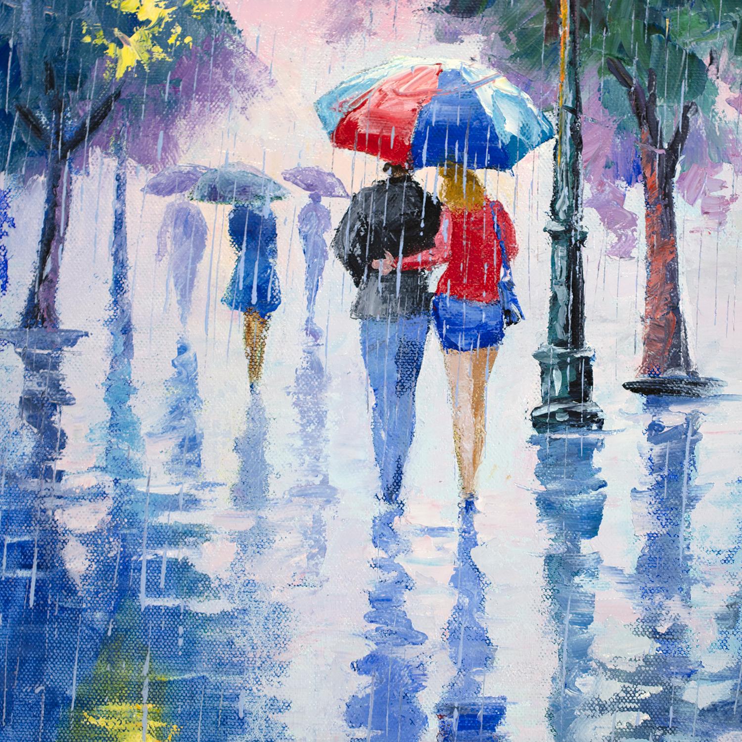 Rain, Rain, Rain 2, Oil Painting - Blue Figurative Painting by Stanislav Sidorov