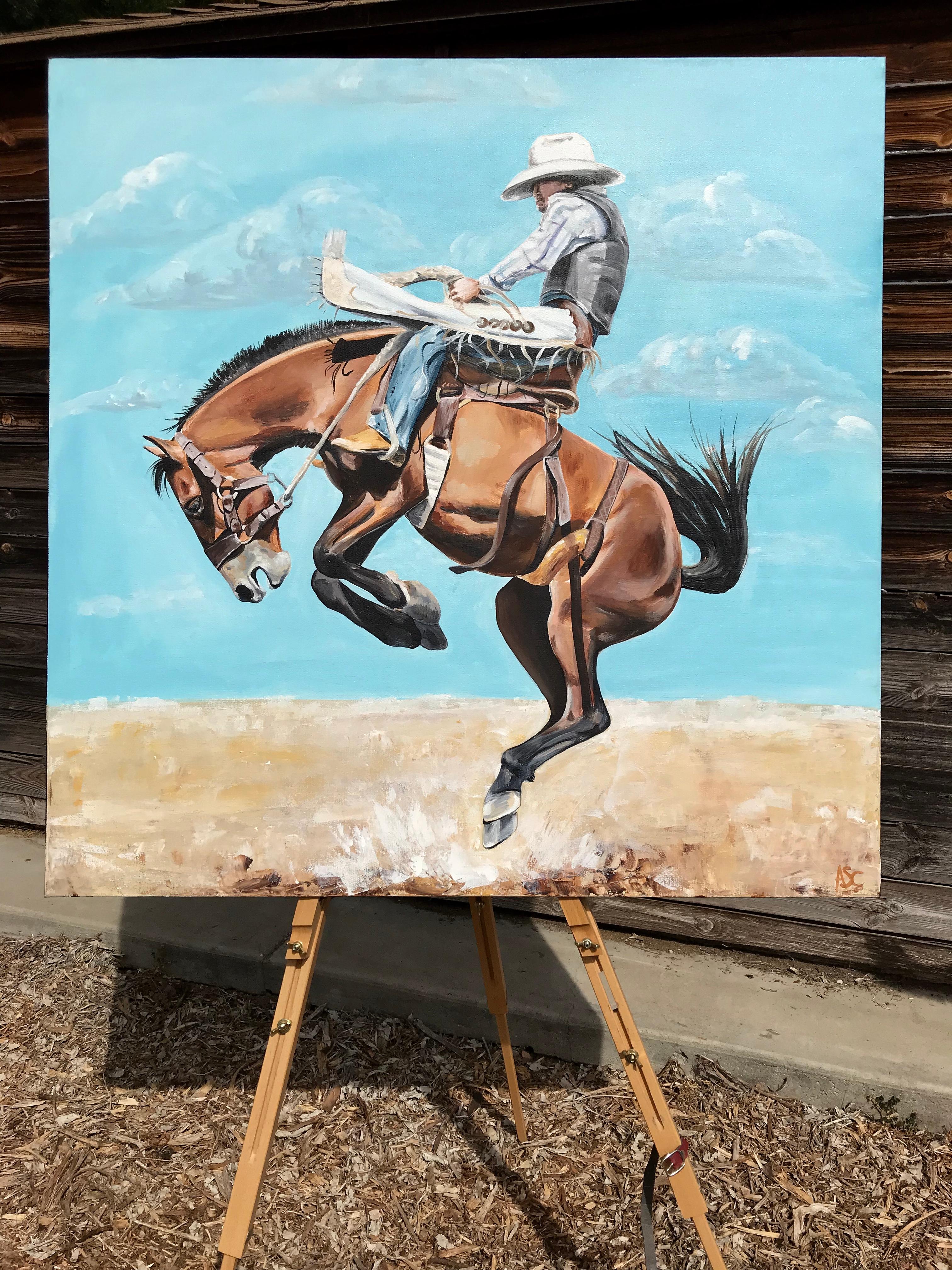 <p>Artist Comments<br />A bucking bronco rears up, his rider unfazed. A bright blue sky and minimal landscape detail accentuate the energy of the scene. Alana describes the painting as 