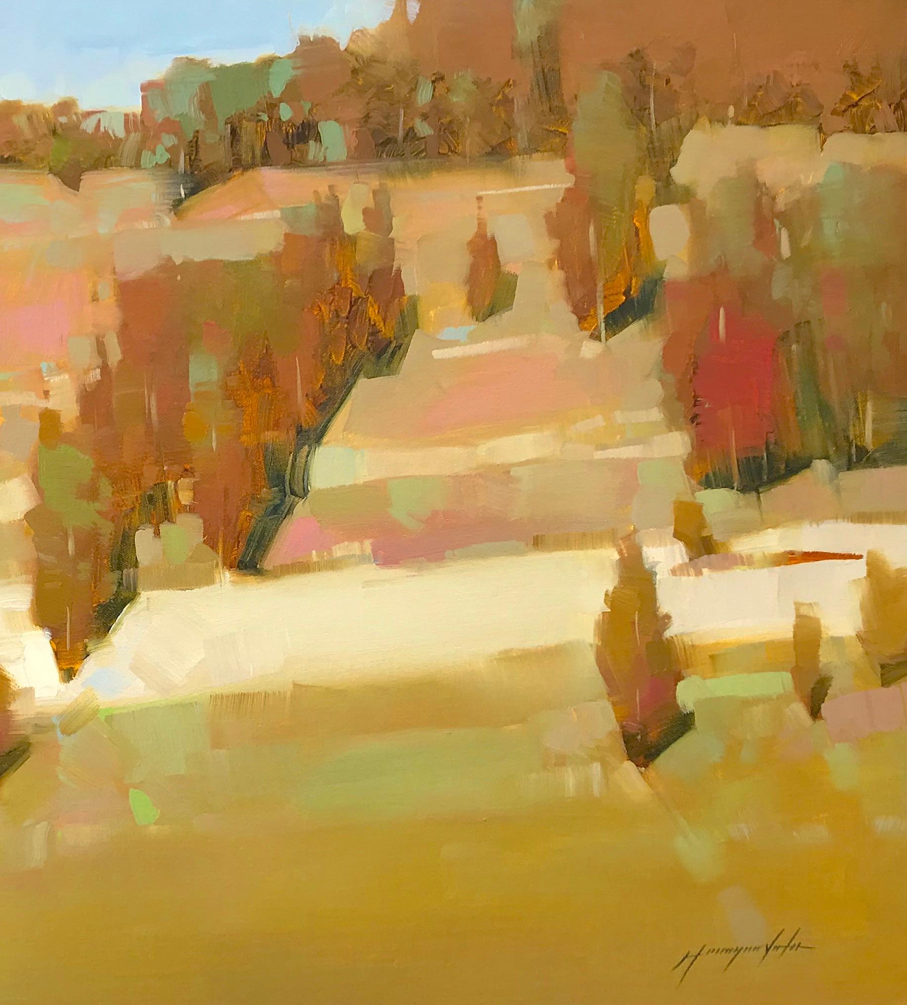<p>Kommentare des Künstlers<br />Ein sonniger Hügel im Frühherbst, die Bäume fangen an, in Rot und Orange zu leuchten. Rosafarbene und blaue Akzente im Feld verleihen dem Bild Dimension und lenken den Blick zurück auf den klaren blauen Himmel. Teil