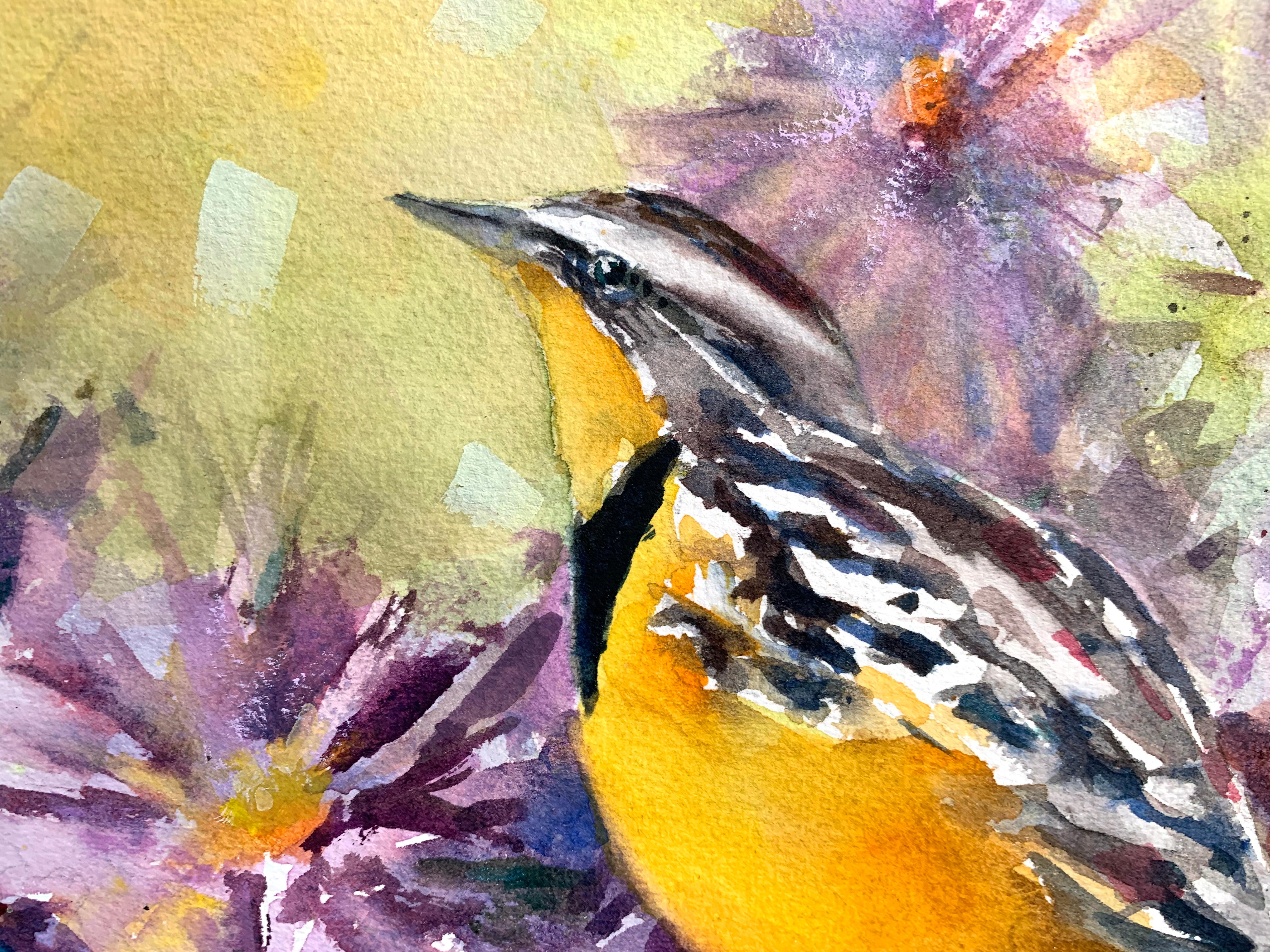 <p>Artist Comments<br />Inspired by a summer trip, Melissa has been looking forward to combining one of her favorite birds, the meadowlark, with purple asters. She enjoyed creating the contrast between the loosely rendered flowers and the more