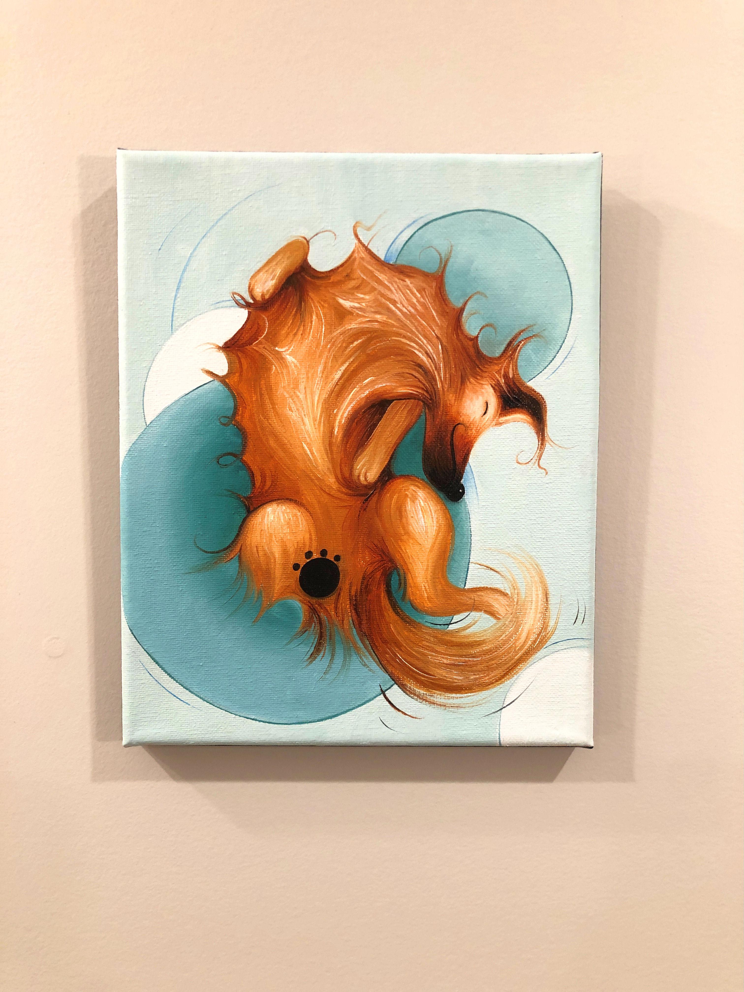 <p>Artist Comments<br>A fun little painting that captures Sumner's rescue dog and faithful studio assistant, Hiccup, the dachshund mix. Surrounded by bubbles of blue and seafoam green, Hiccup takes a break from his studio assistant duties to snag