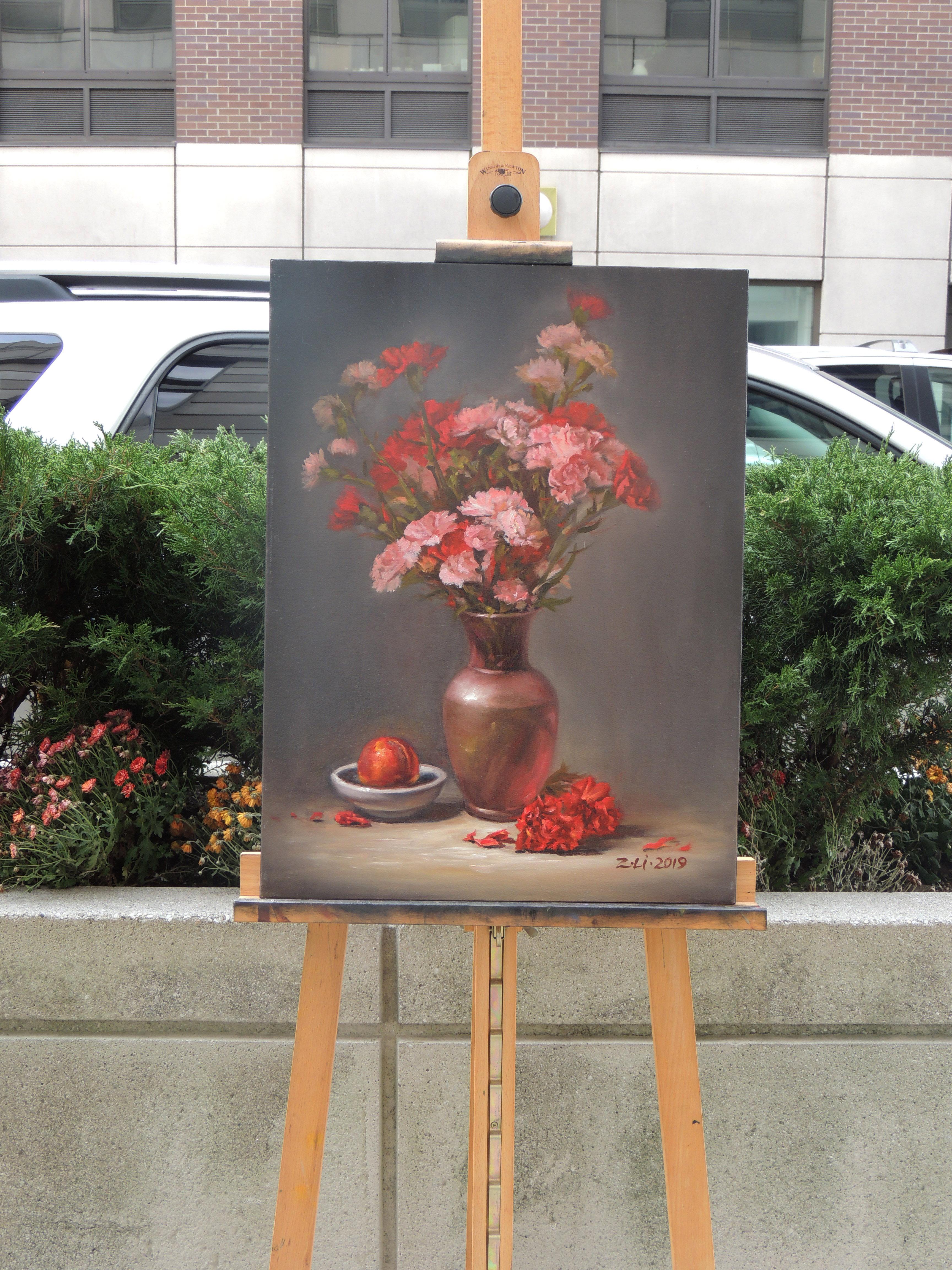 Carnations in Pink Vase with Peach, Oil Painting - Gray Still-Life Painting by Zhi Li