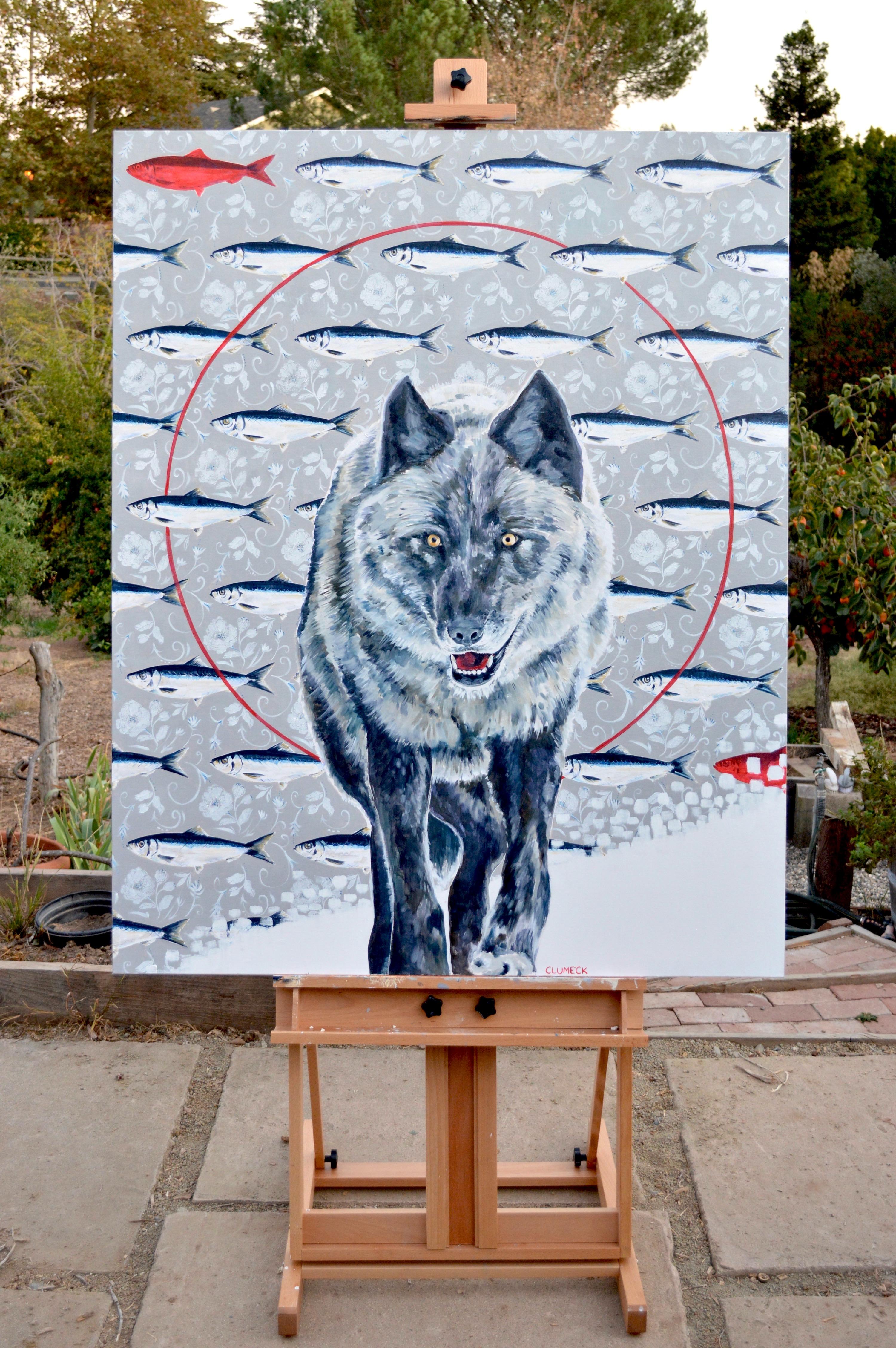 <p>Artist Comments<br />A lone wolf trots in the snow, encircled with a red halo. In the background, herring swim among a flower pattern, inspired from her childhood memories growing up in coastal Australia. Alana's Wallpaper series is a