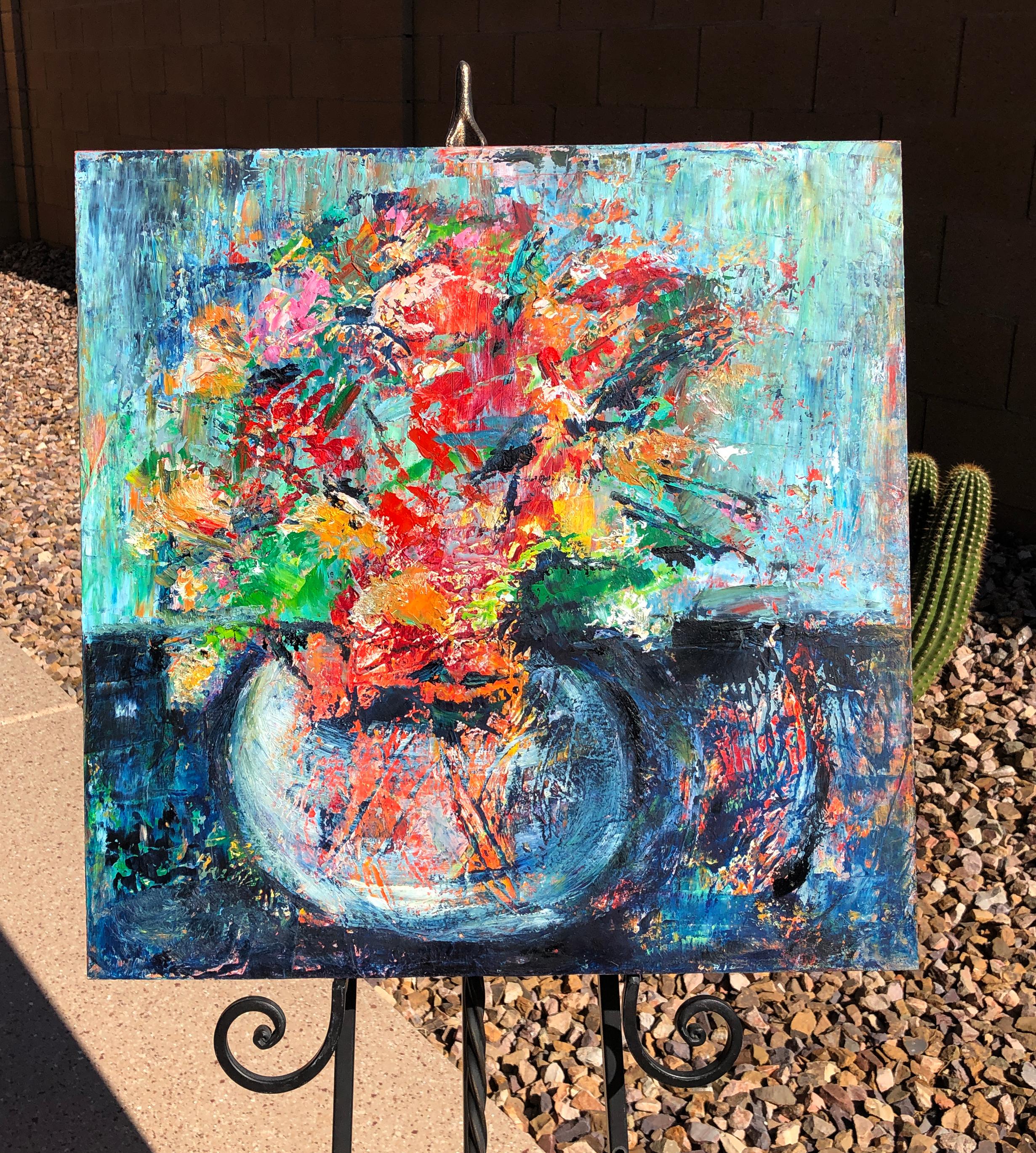 <p>Artist Comments<br />Expressionist still life bouquet created with many layers of oil paint and cold wax. Sharon splashed paint onto the surface and then worked the piece with brushes. Bright red, orange, yellow and pink offset with green, blue,