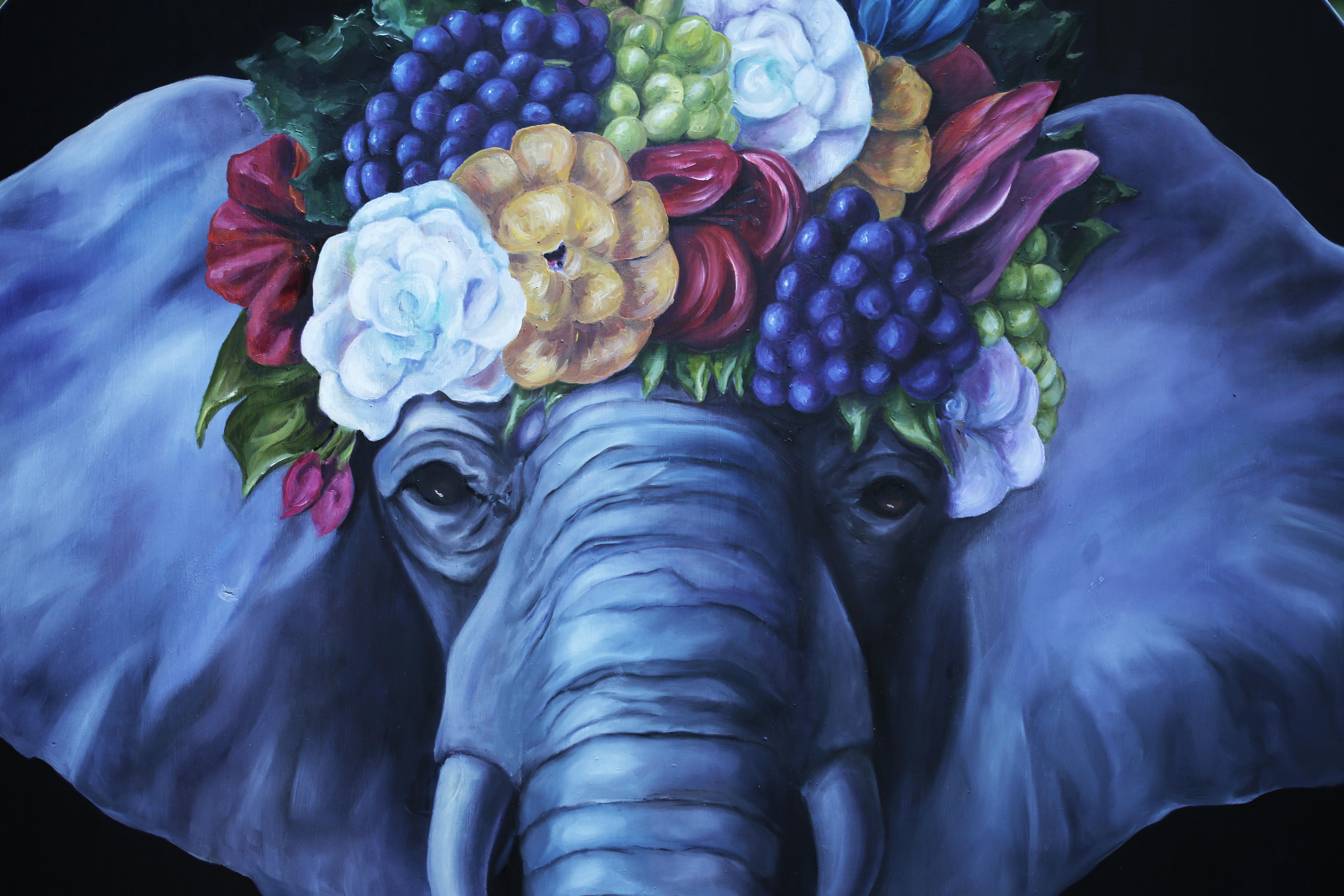 Elephant Queen, Oil Painting - Black Animal Painting by JJ Galloway