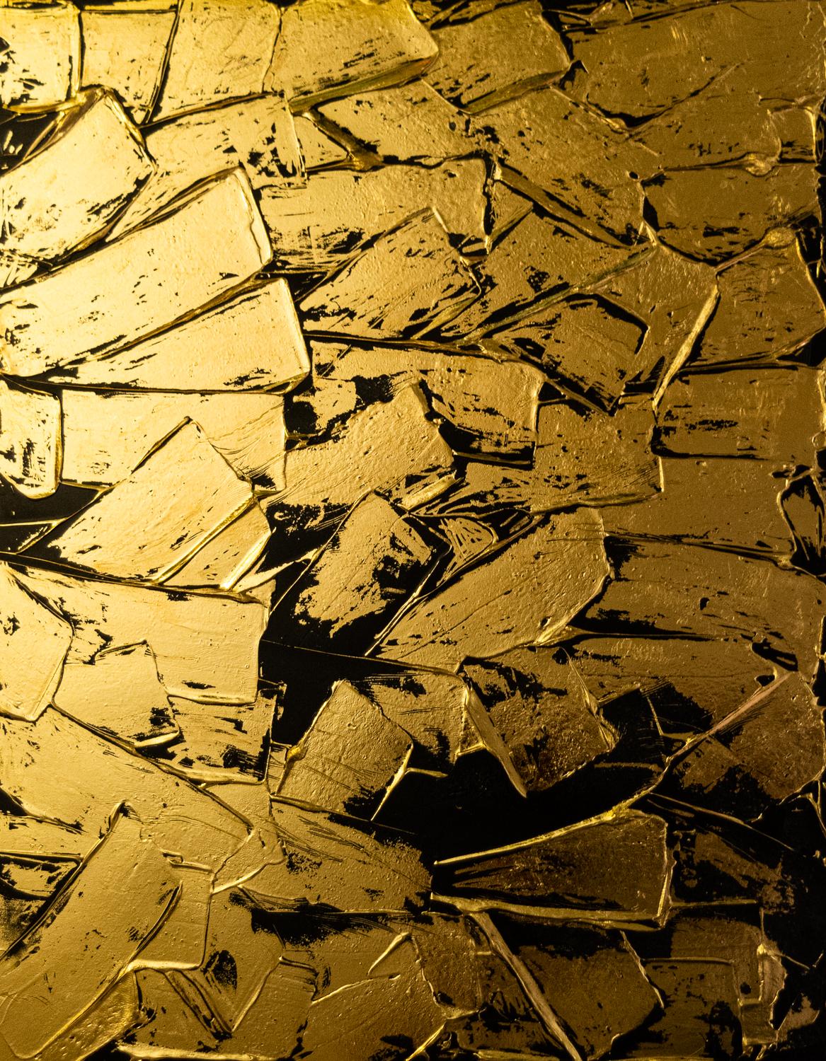 <p>Commenti dell'artista<br />Metallo liquido dorato dipinto con pennellate espressioniste su un fondo nero. La texture spessa e pittorica offre numerosi angoli per riflettere la luce. I bordi del pezzo sono rifiniti in oro. Creato manipolando con
