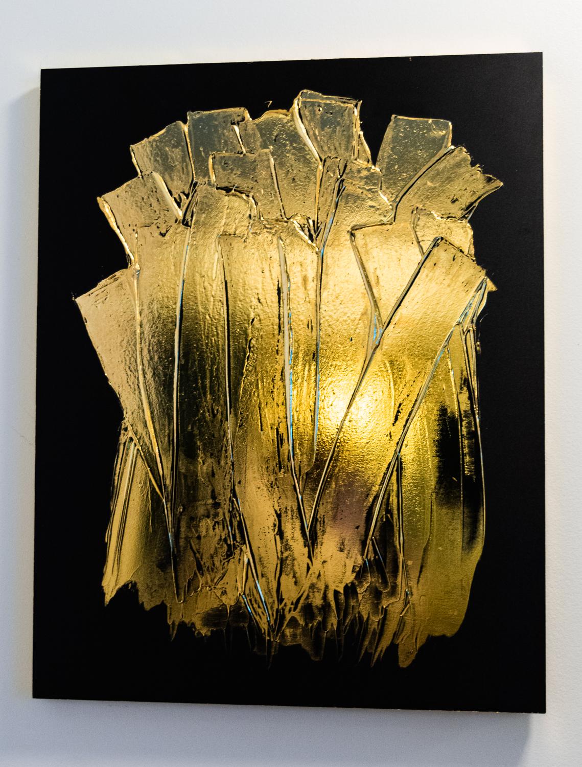 <p>Artist Comments<br />Layers of liquid gold metal applied in expressionist strokes over a black ground. Thick, painterly texture provides numerous angles to reflect light. The edges of the piece are finished in gold. Created by carefully