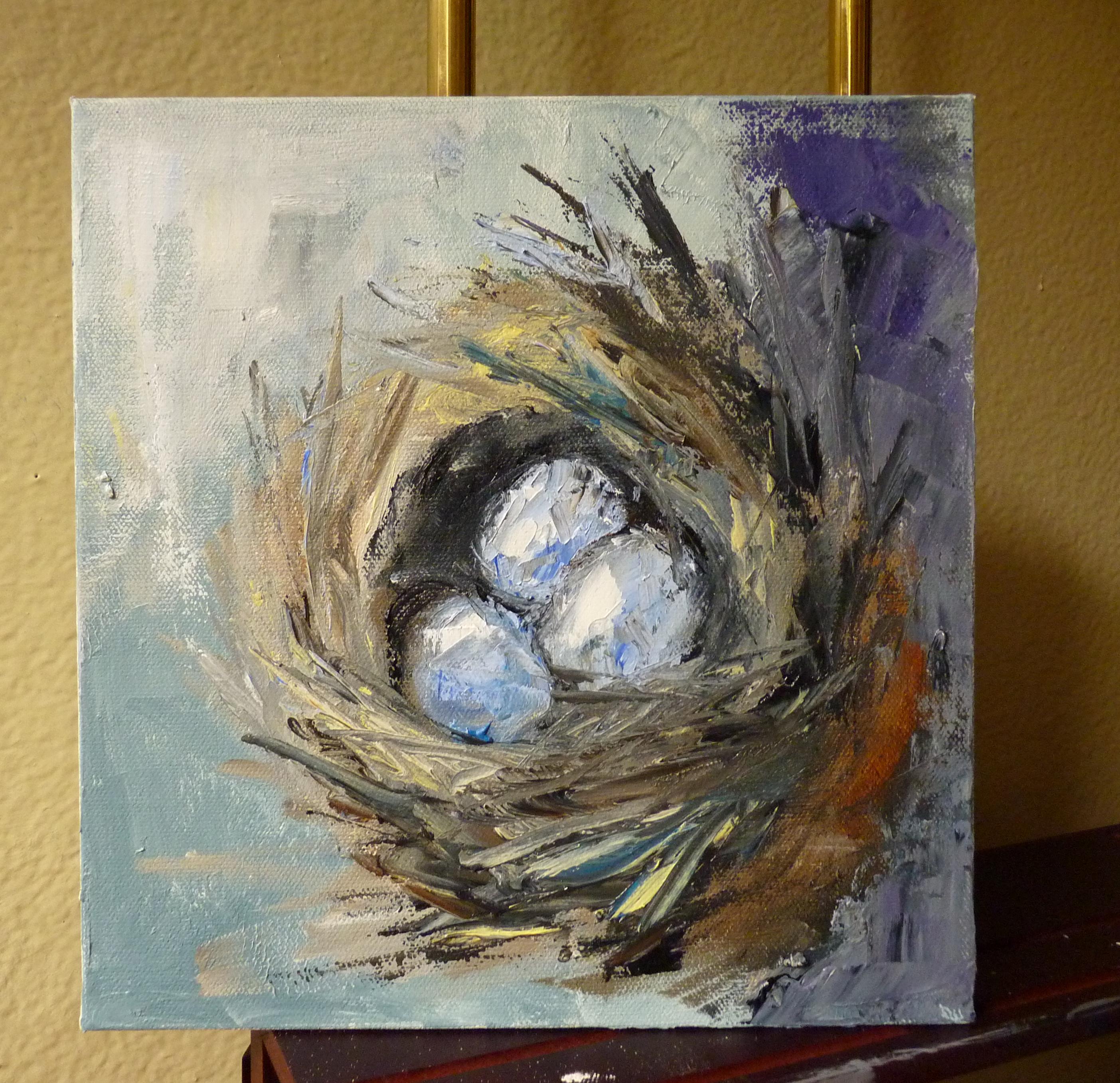 <p>Artist Comments<br>After a hurricane went through her town, Judy Mackey found this nest in her garden. She used a palette knife, her tool of choice, to capture the varying texture of the nest and eggs. The strong projecting branches can be seen