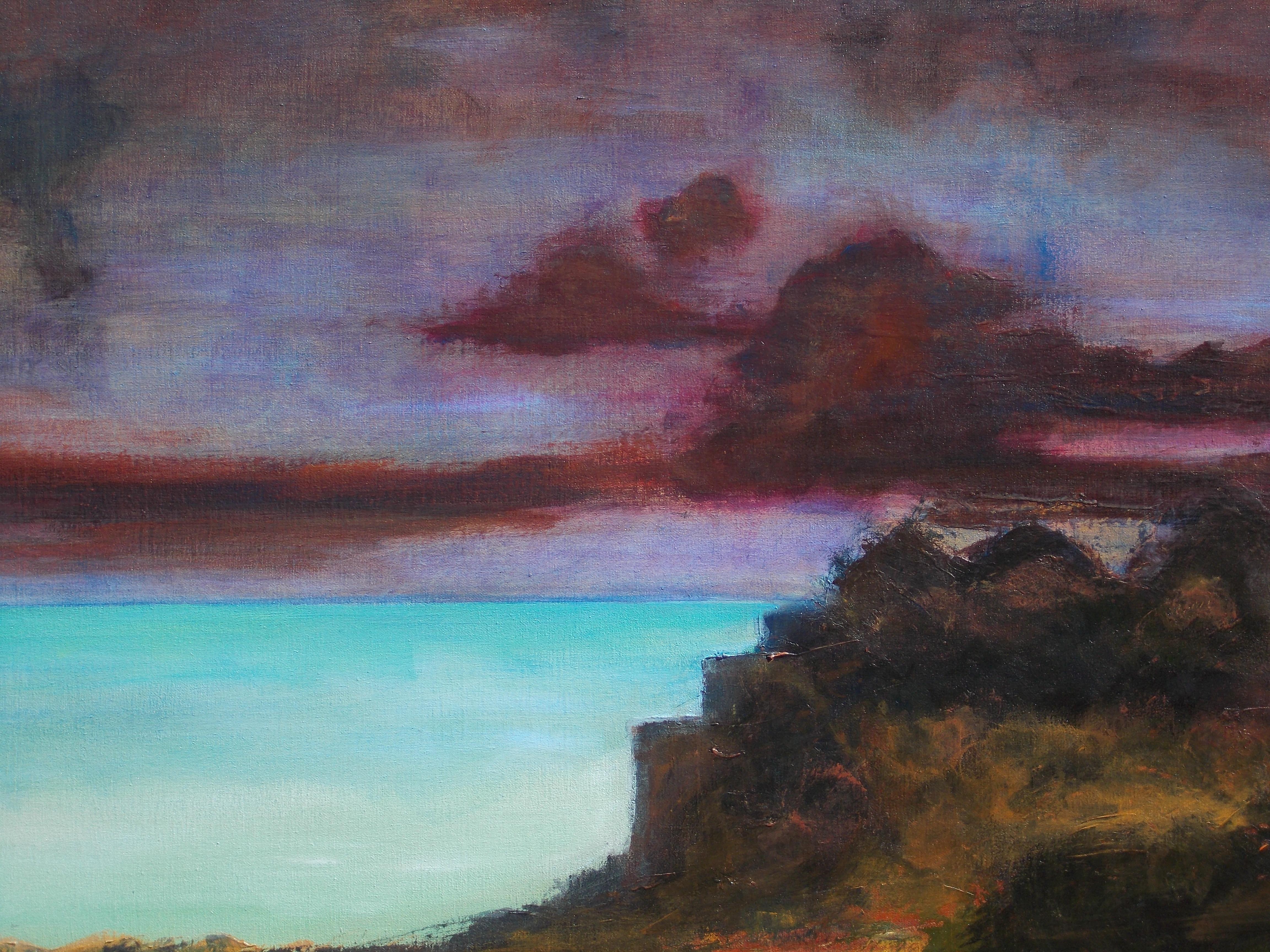 <p>Artist Comments<br />Sunset along the coast. Dark crimson clouds float over the glowing blue water. In the foreground, the landscape radiates with yellow and red. Benjamin explains that, 