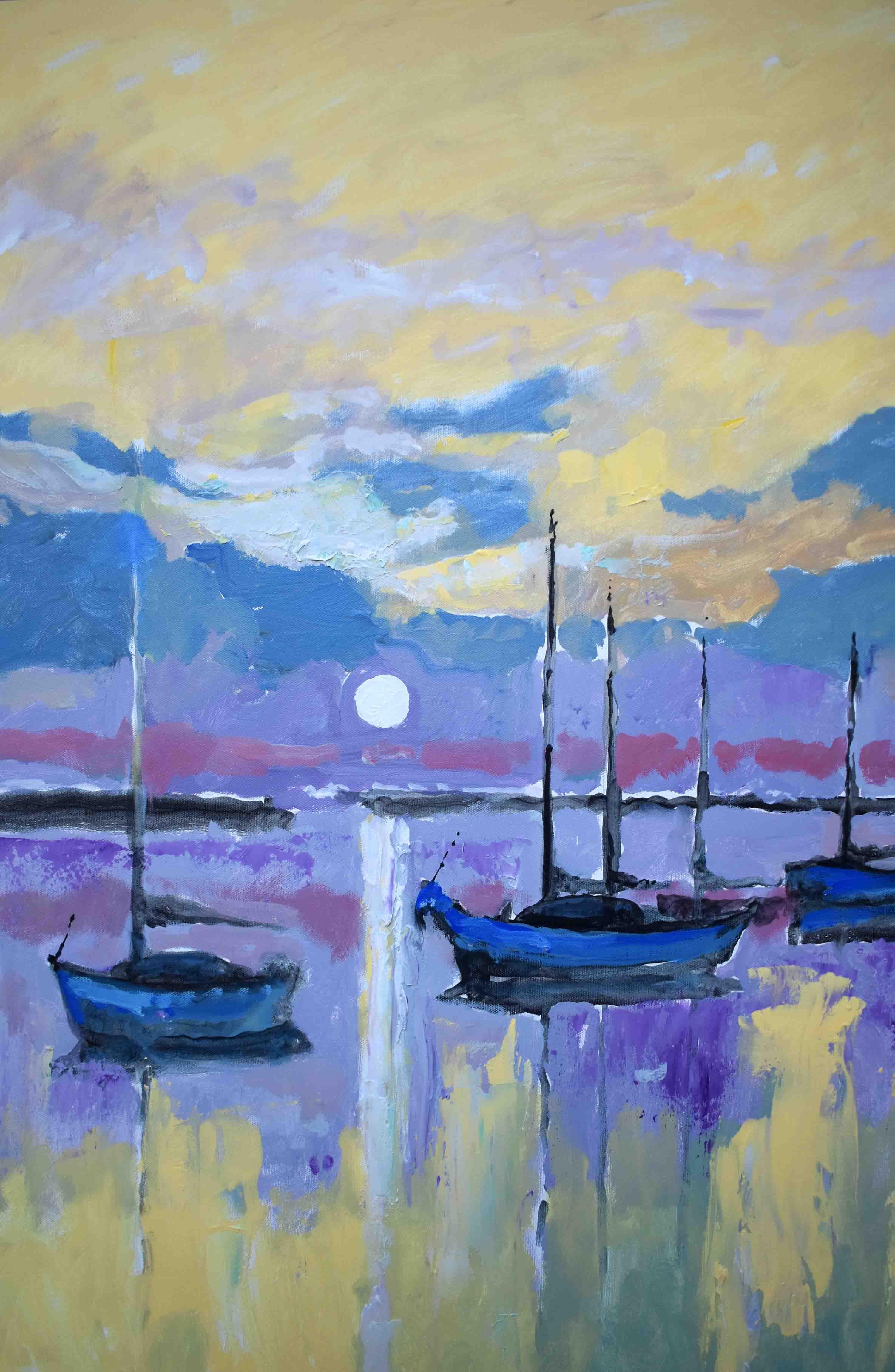 <p>Artist Comments<br />A group of sailboats in the harbor at twilight, based on a scene Kip witnessed along the Georgia coast. The last light of the day reflects on the water, as the moon rises in the distance. Part of Kip's ongoing series of