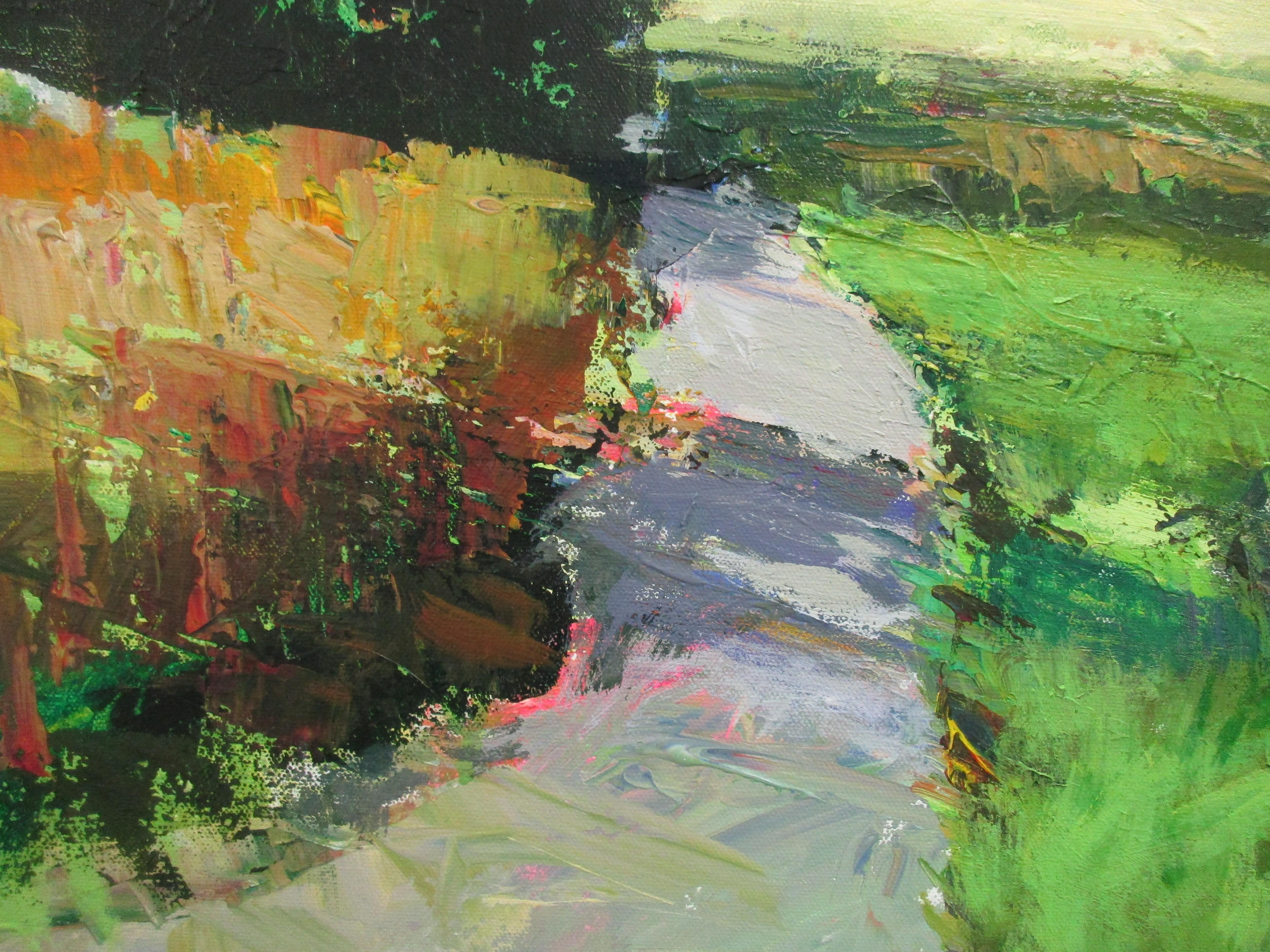 Weg zum gelben Feld, Originalgemälde (Schwarz), Landscape Painting, von Janet Dyer