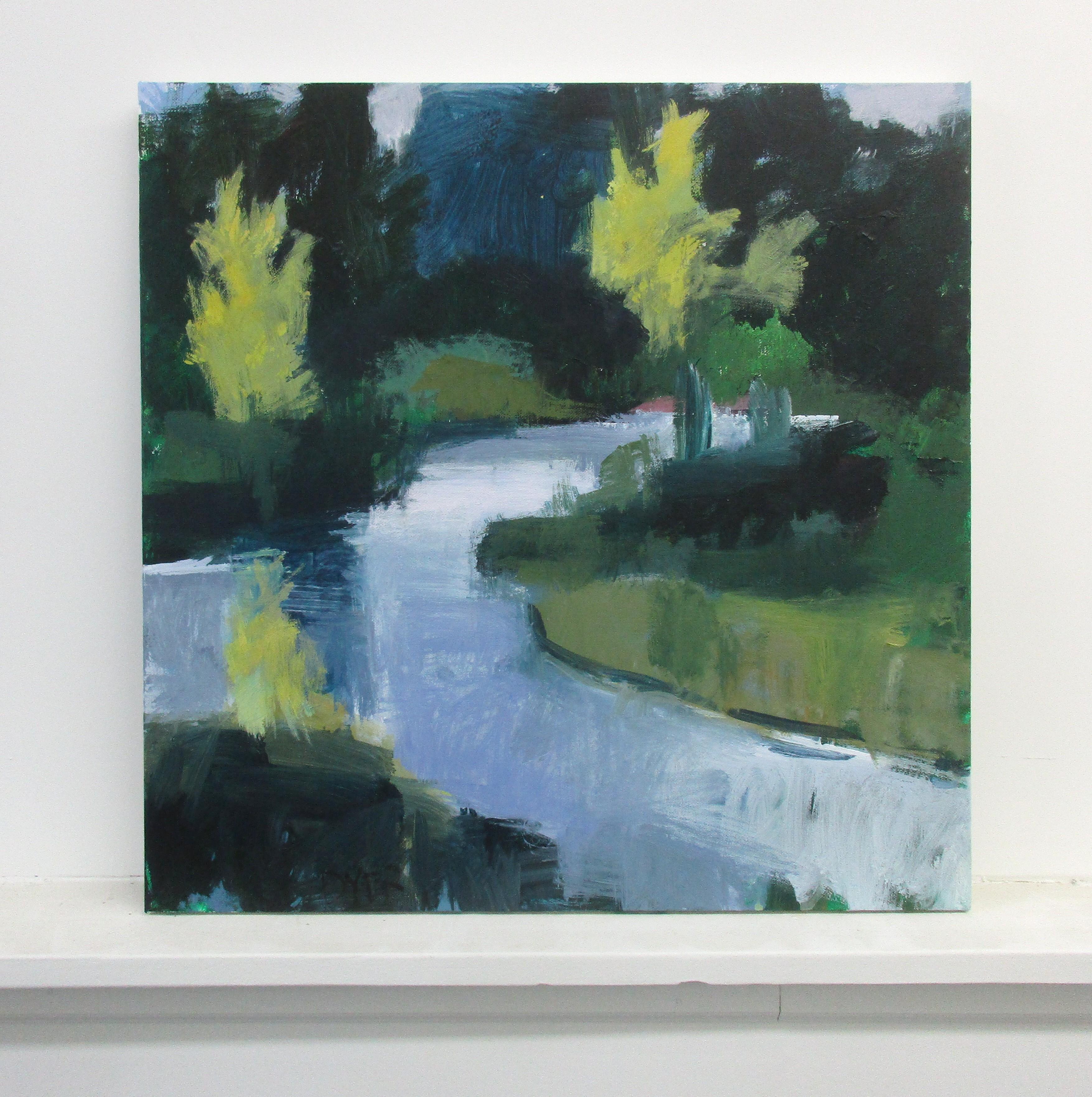 <p>Artist Comments<br />Janet says this painting is based on a detail of a detail of a much larger painting of a river in the Netherlands. A quiet river meanders through a dense green landscape. Simplified palette of greens and blues set the mood of