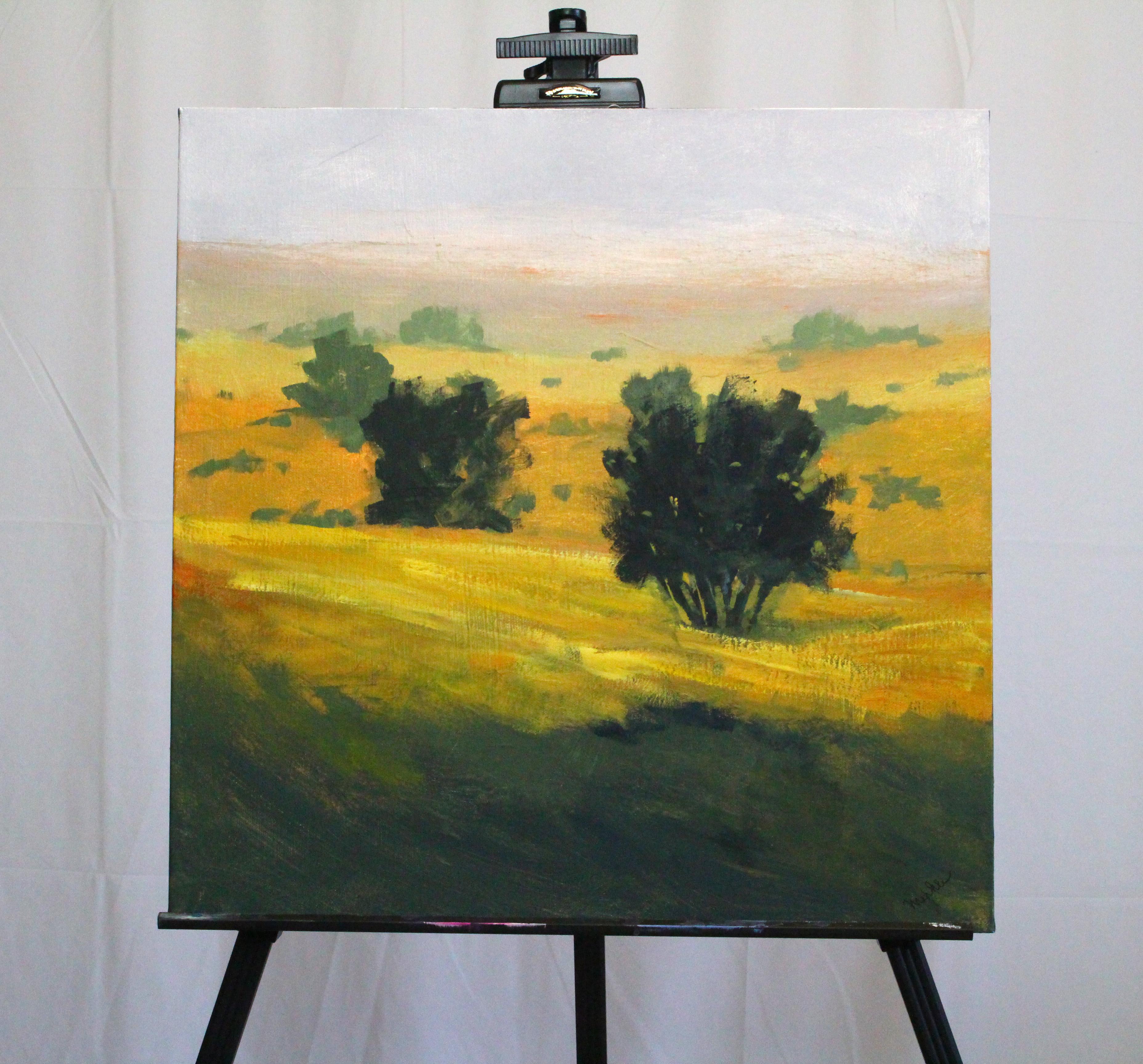 <p>Commentaires de l'artiste<br />Une aube brumeuse sur une prairie de l'ouest, les herbes jaunes et le contraste du feuillage sombre suggérant une journée ensoleillée à venir. Fait partie de la série de scènes de nature de Nancy. Elle passe