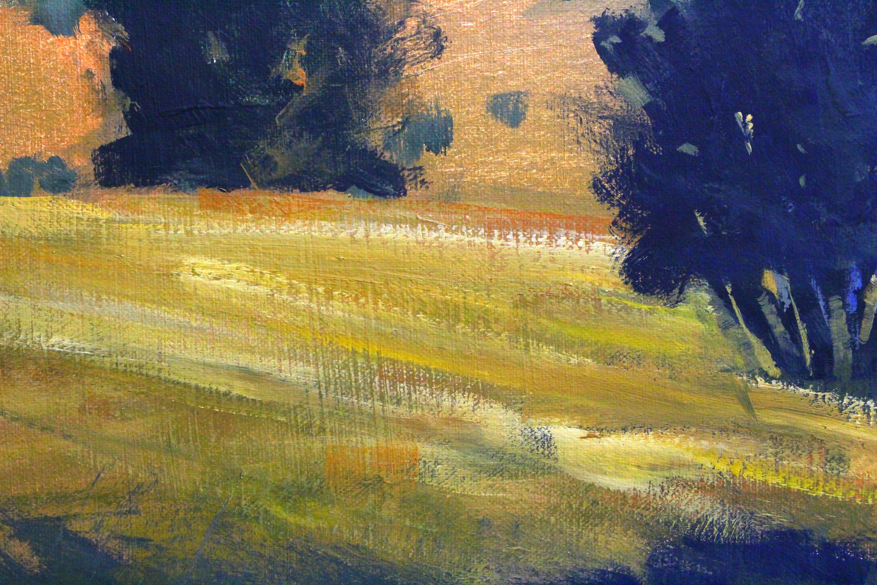 <p>Artist Comments<br />A misty dawn over a western prairie, the yellow grasses and dark foliage contrast suggesting a sunny day to come. Part of Nancy's signature series of nature scenes. She spends a lot of time exploring the landscape around her