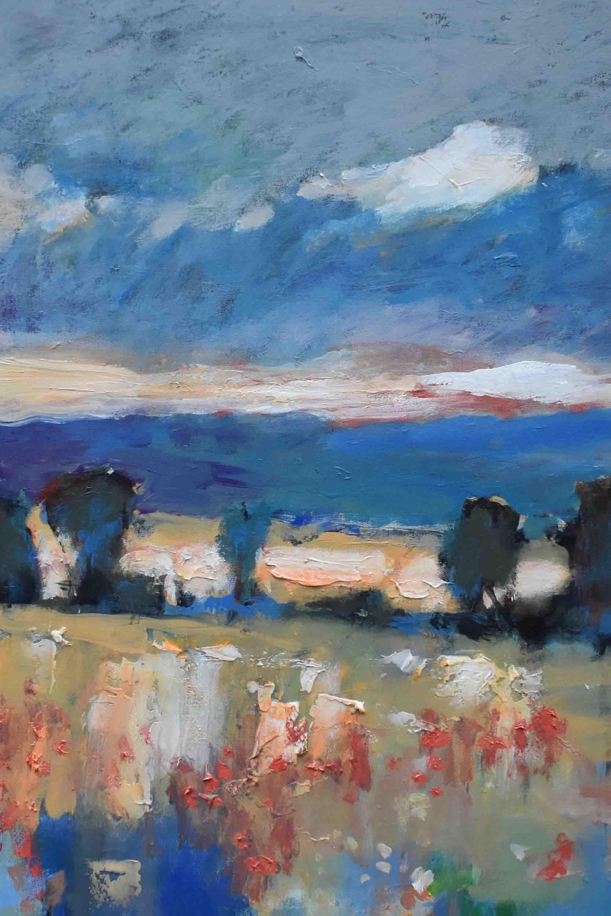 Golden Fields, Original Painting - Blue Landscape Painting by Kip Decker