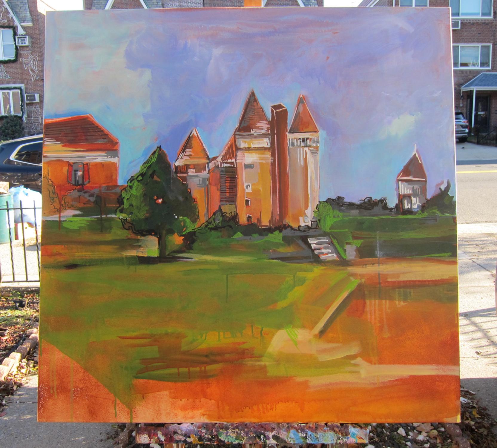 <p>Commentaires de l'artiste<br />Fait partie d'une série inspirée par le voyage de Colette à travers la campagne française. Un premier plan abstrait laisse place à une petite scène de village, avec l'église de la ville au centre. Les petites