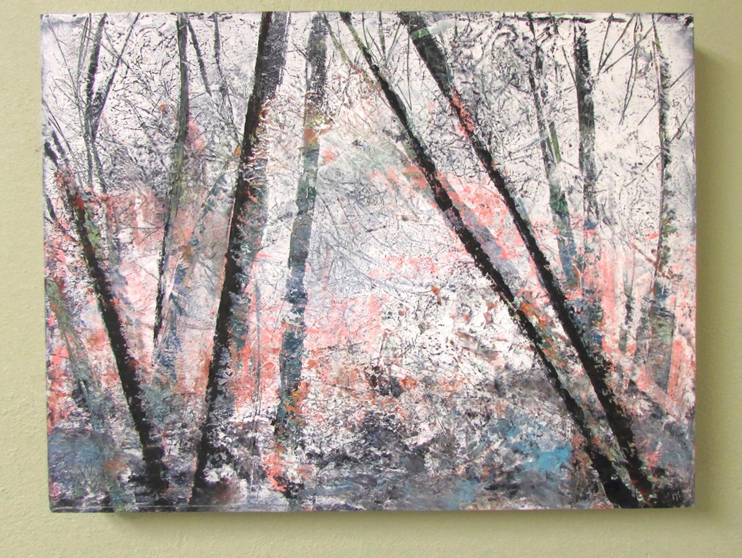 Bare Trees #5, Abstract Oil Painting - Gray Abstract Painting by Valerie Berkely